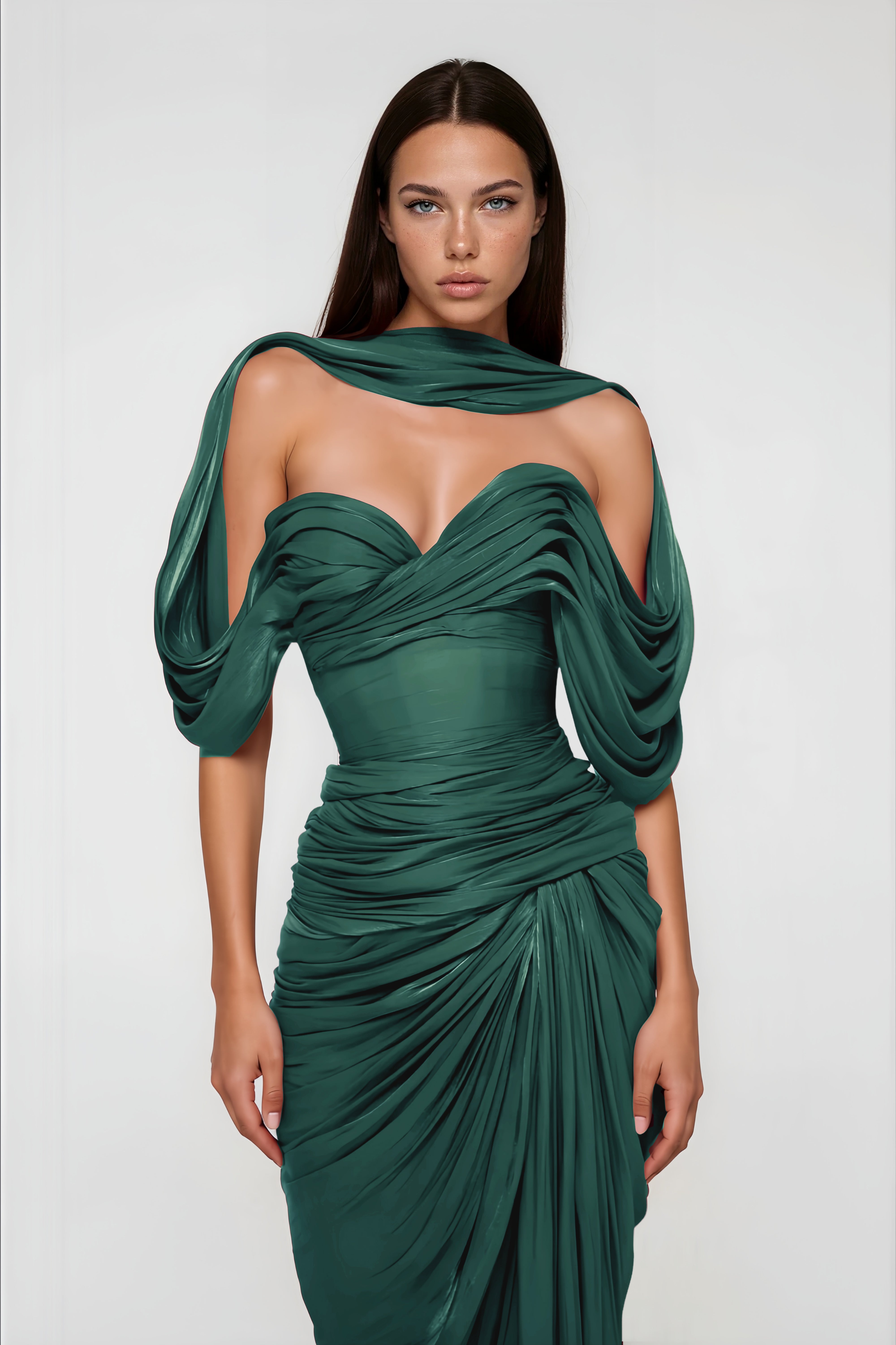 فستان ماكسي غير متماثل بلون هازل غرين مع تصميم ملفوف