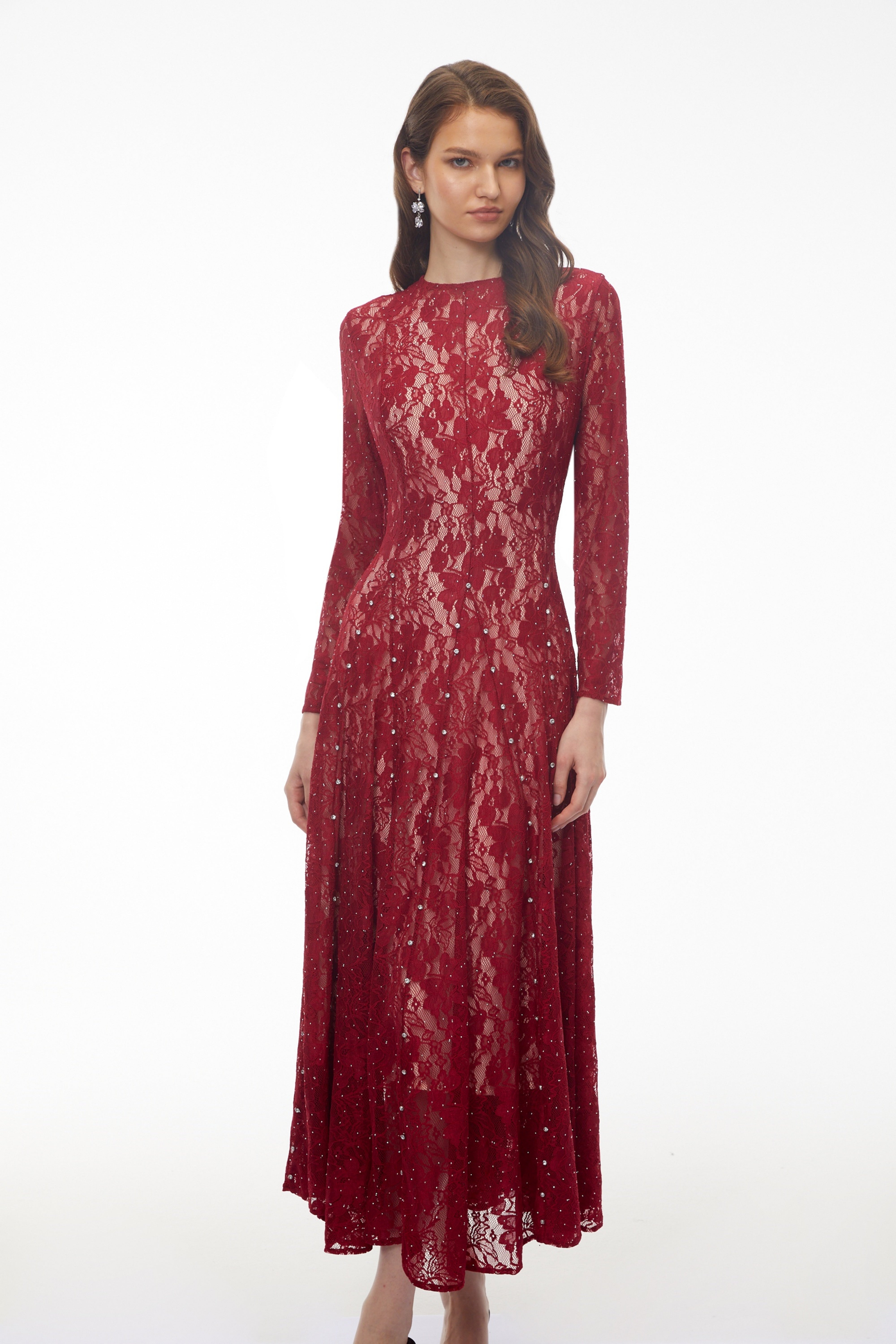 Hazel Red Round Neck Floral Lace Maxi Dress
