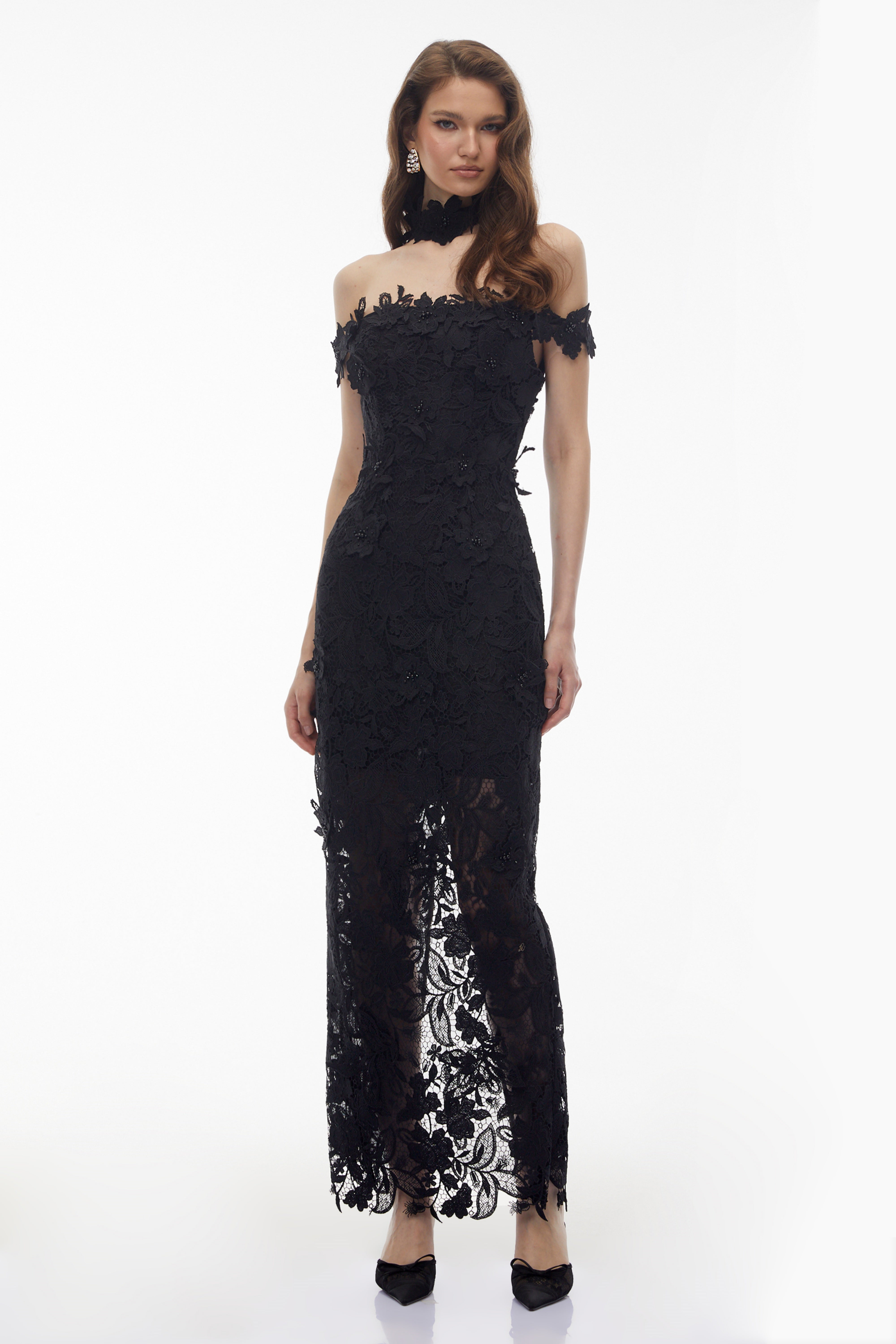 Hecate Black Beaded Lace Maxi Dress with 3D Florals