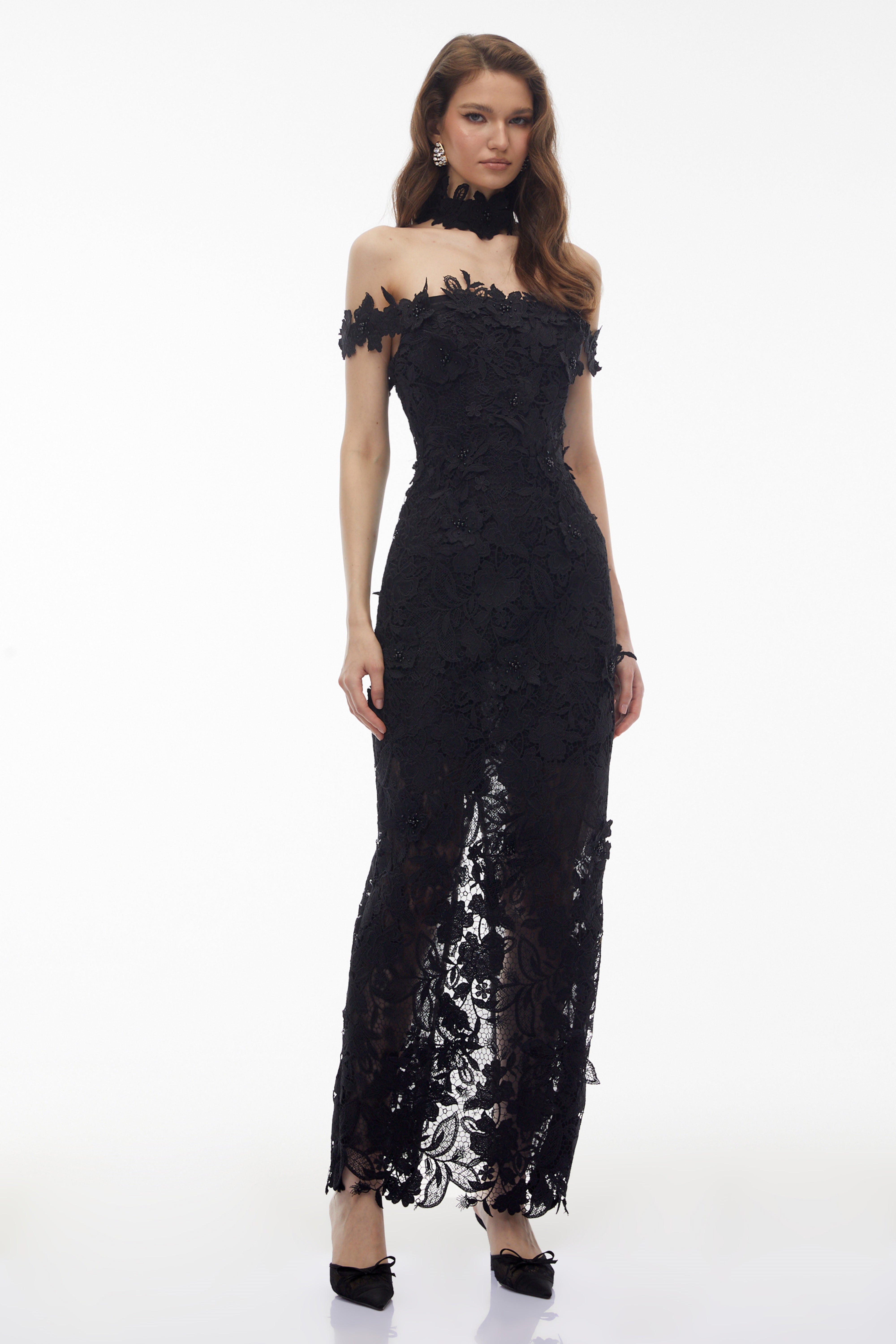 Hecate Black Beaded Lace Maxi Dress with 3D Florals