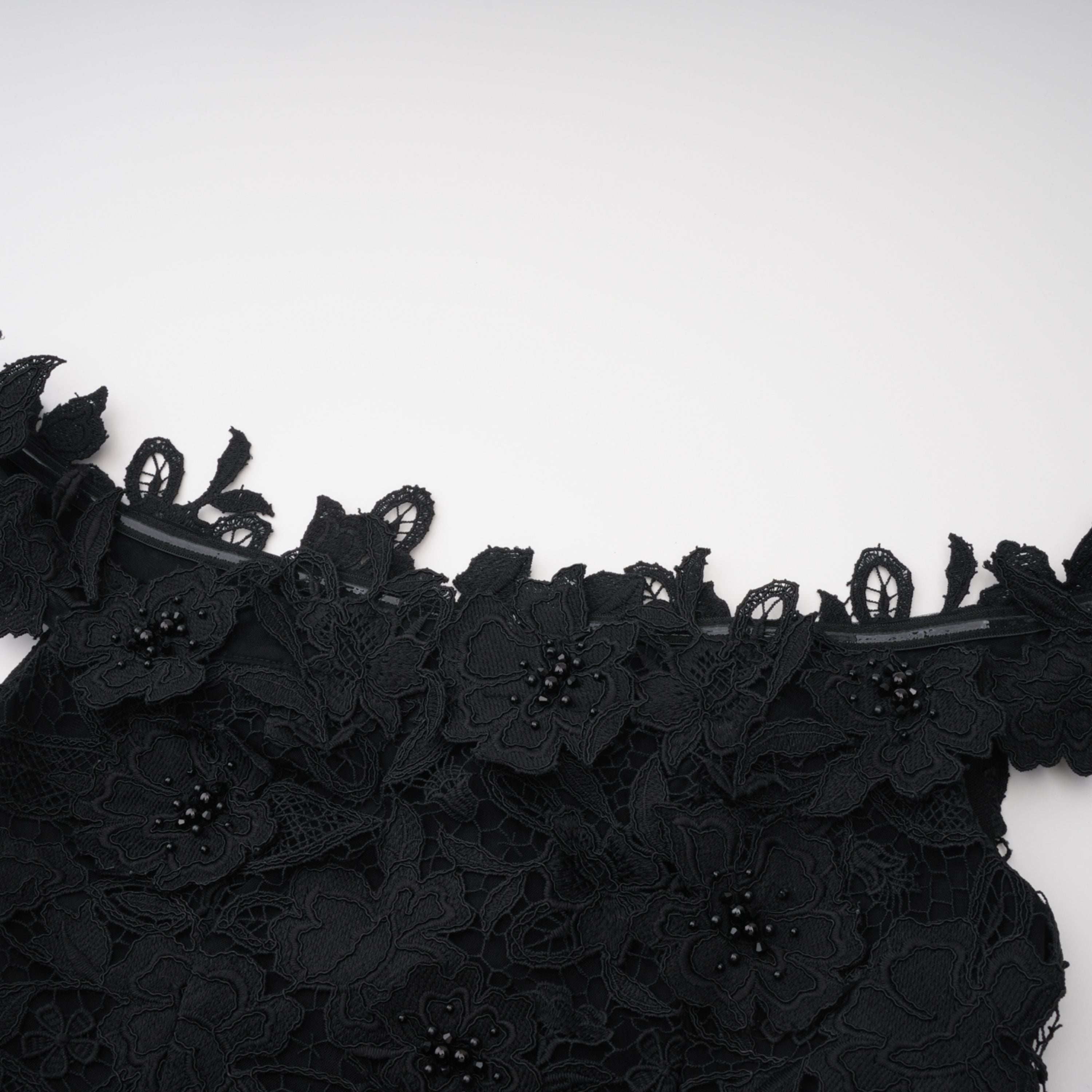 Robe longue en dentelle noire Hecate avec perles et motifs floraux en 3D