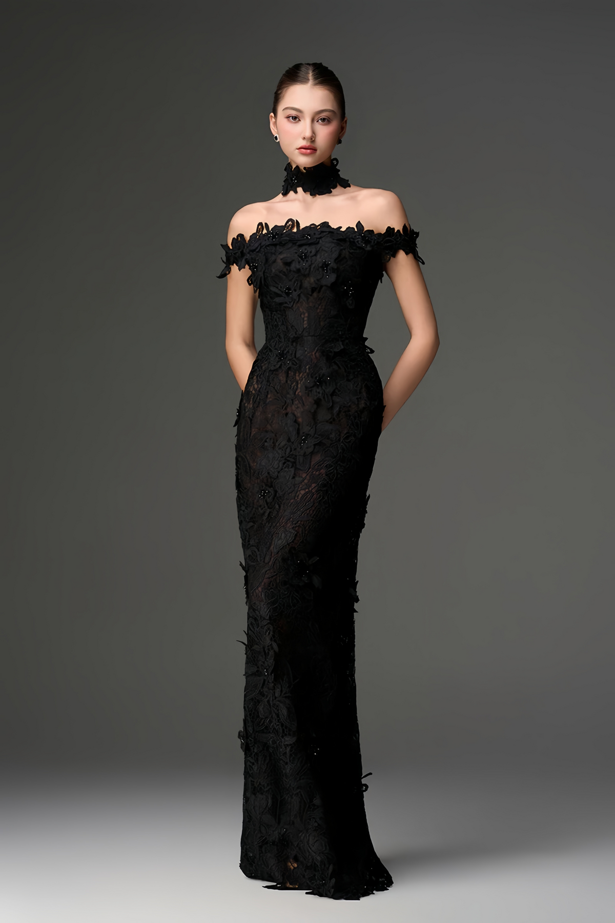 Hecate Black Beaded Lace Maxi Dress with 3D Florals Hecate Black Beaded Lace Maxi Dress with 3D Florals