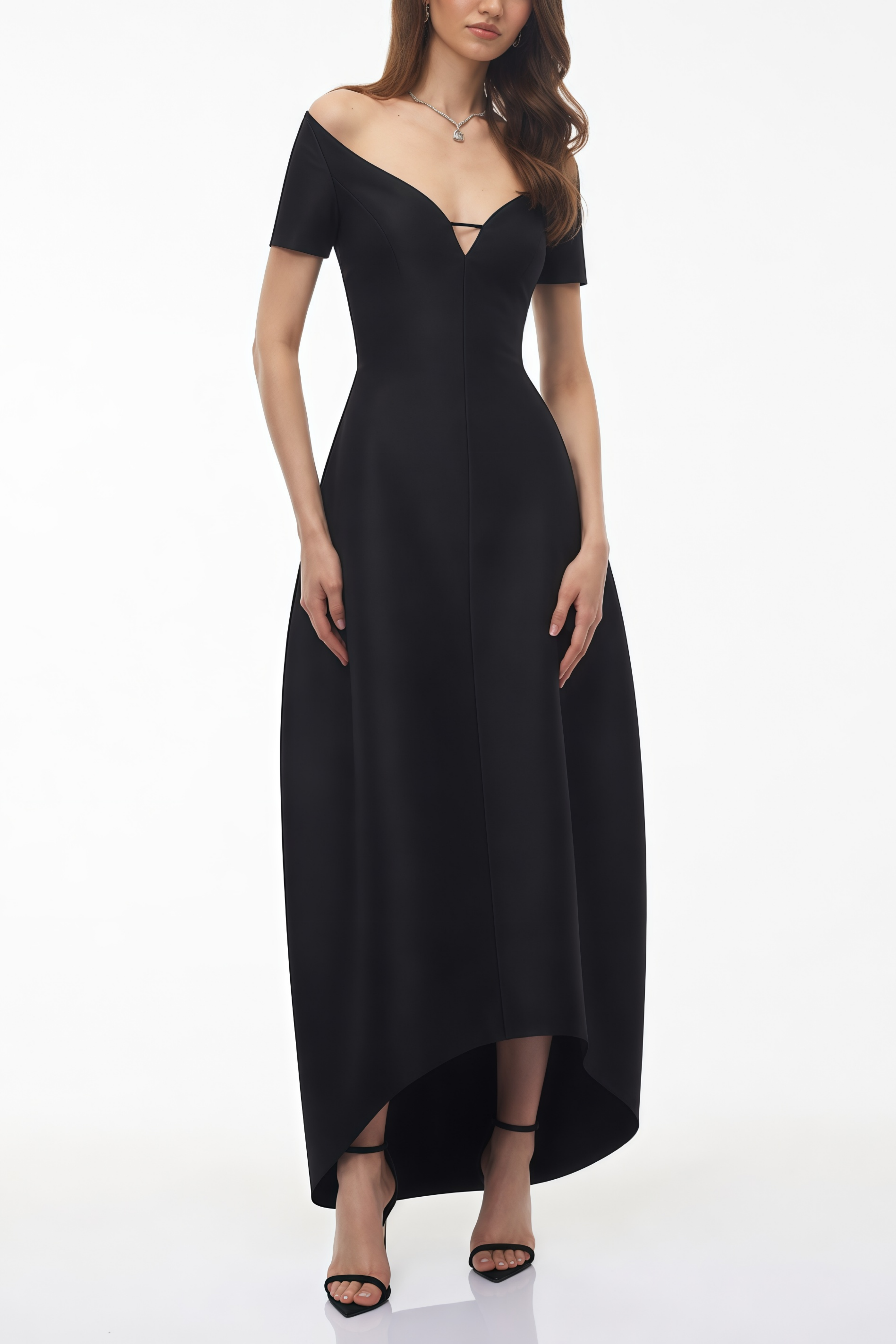 Black Off-the-Shoulder High-Low Midi Dress with Deep V-Neck and Balloon Skirt