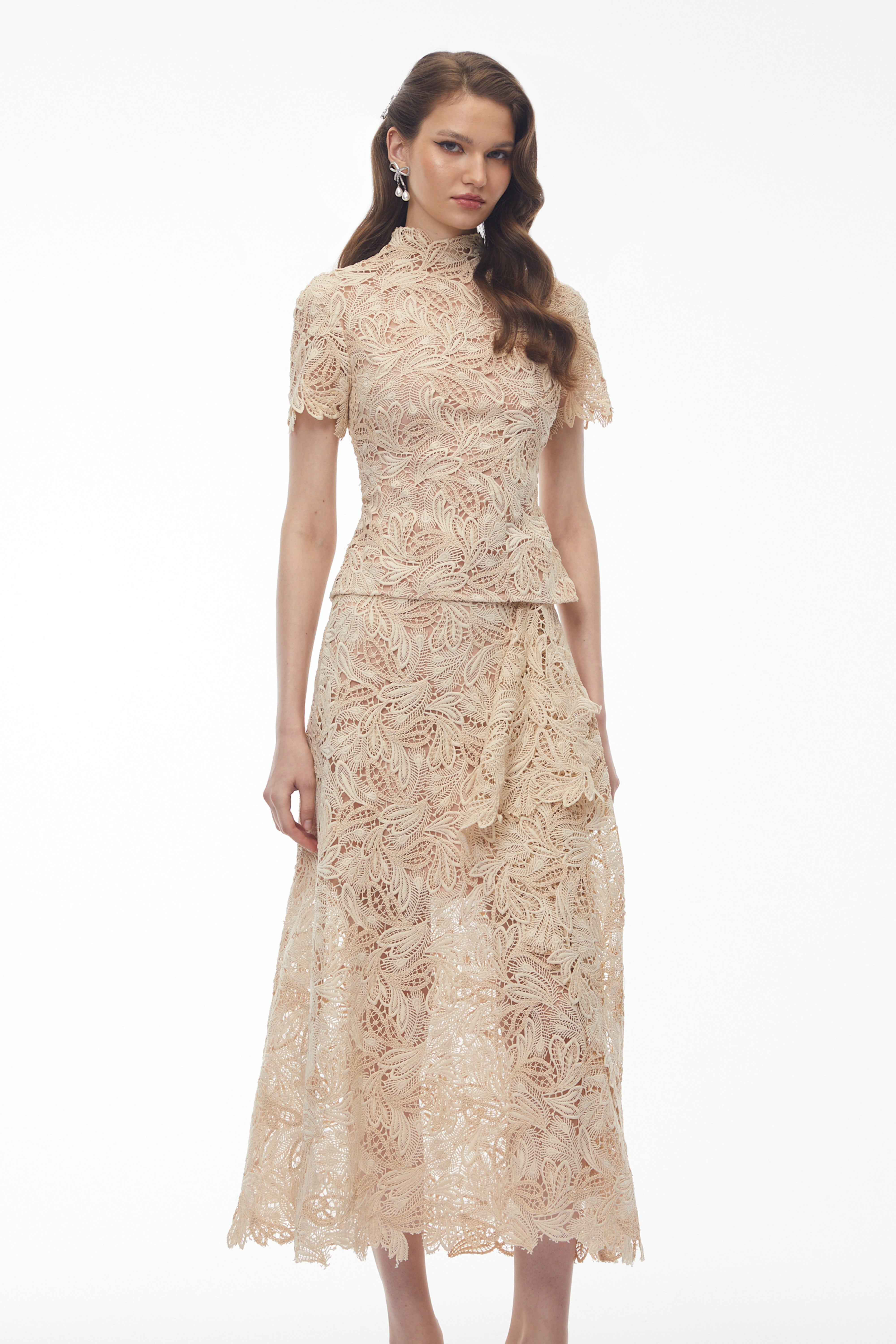Helena Champagne Floral Lace Blouse & Skirt Set