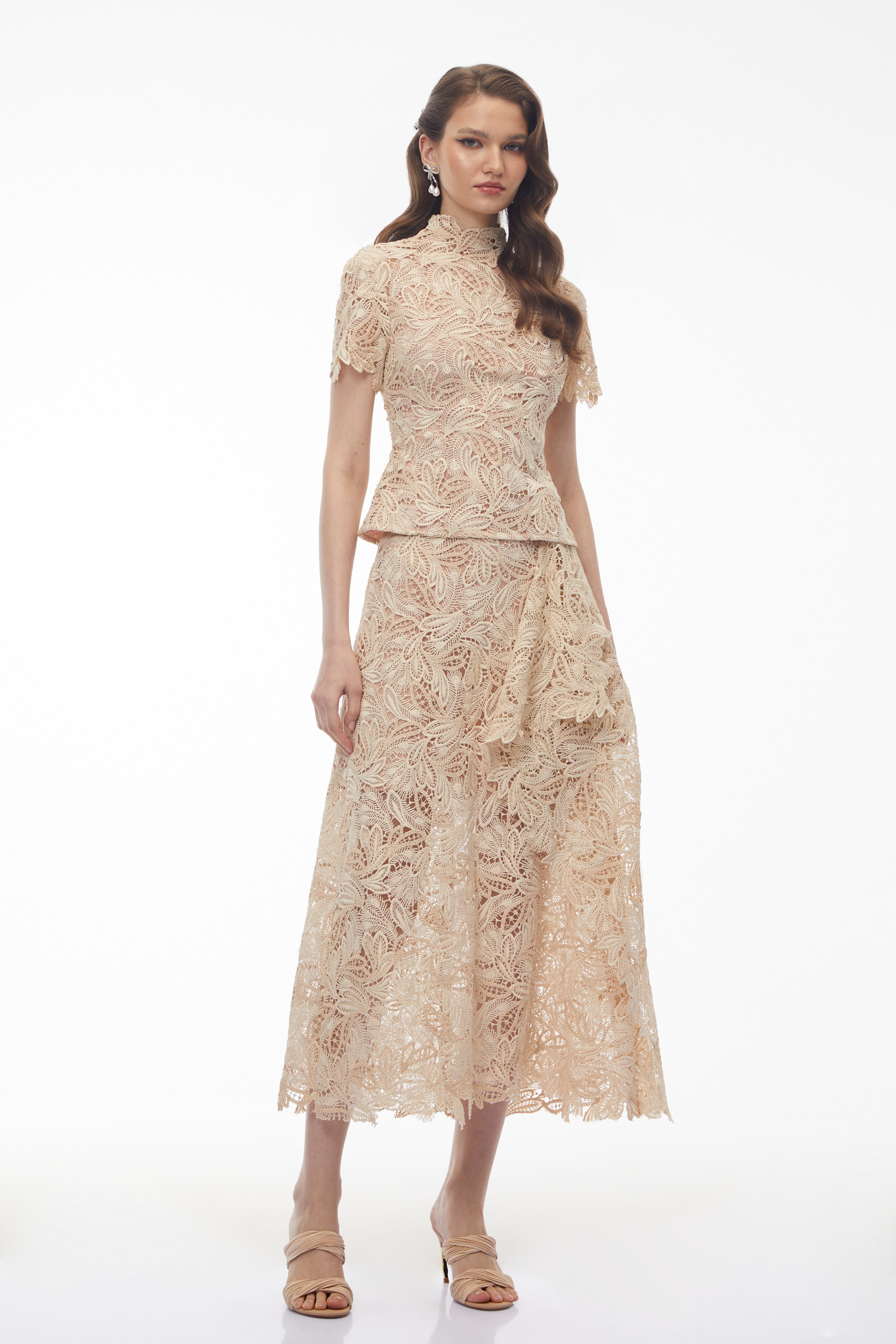 Helena Champagne Floral Lace Blouse & Skirt Set