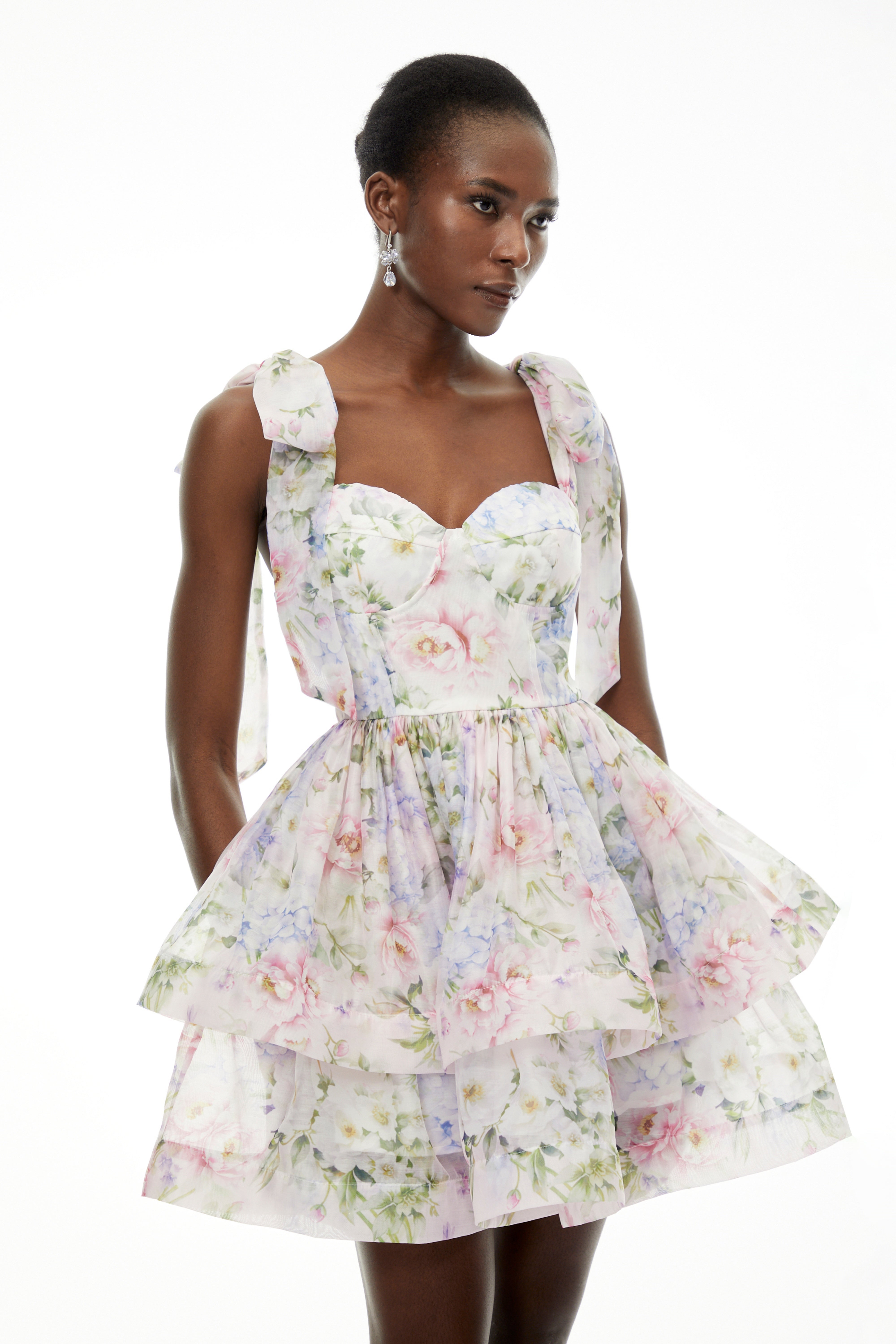 Hélène Multicolor Pink Floral Print Flounced Mini Dress