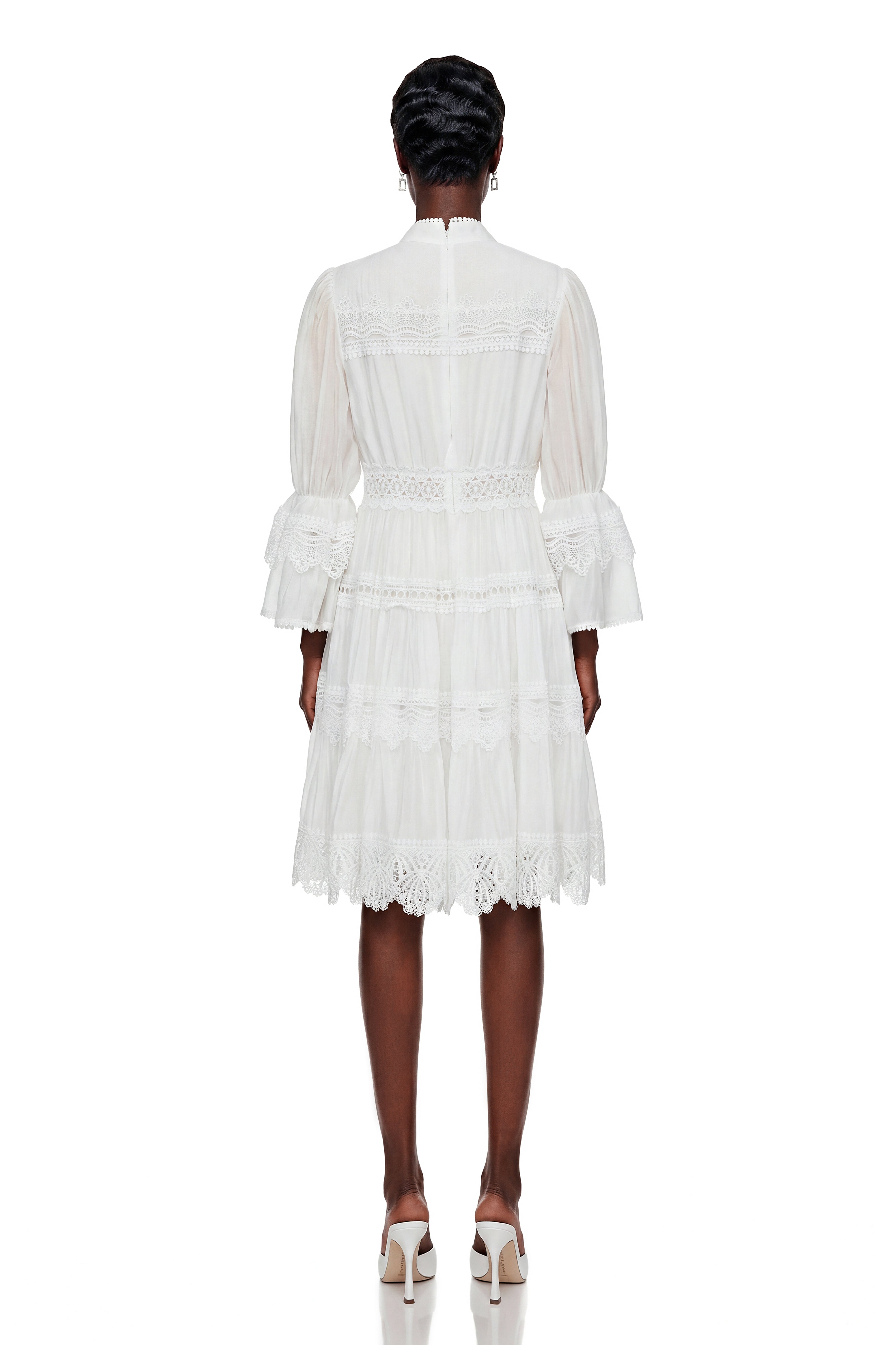 Hespera White Ruffled Floral Lace Mini Dress