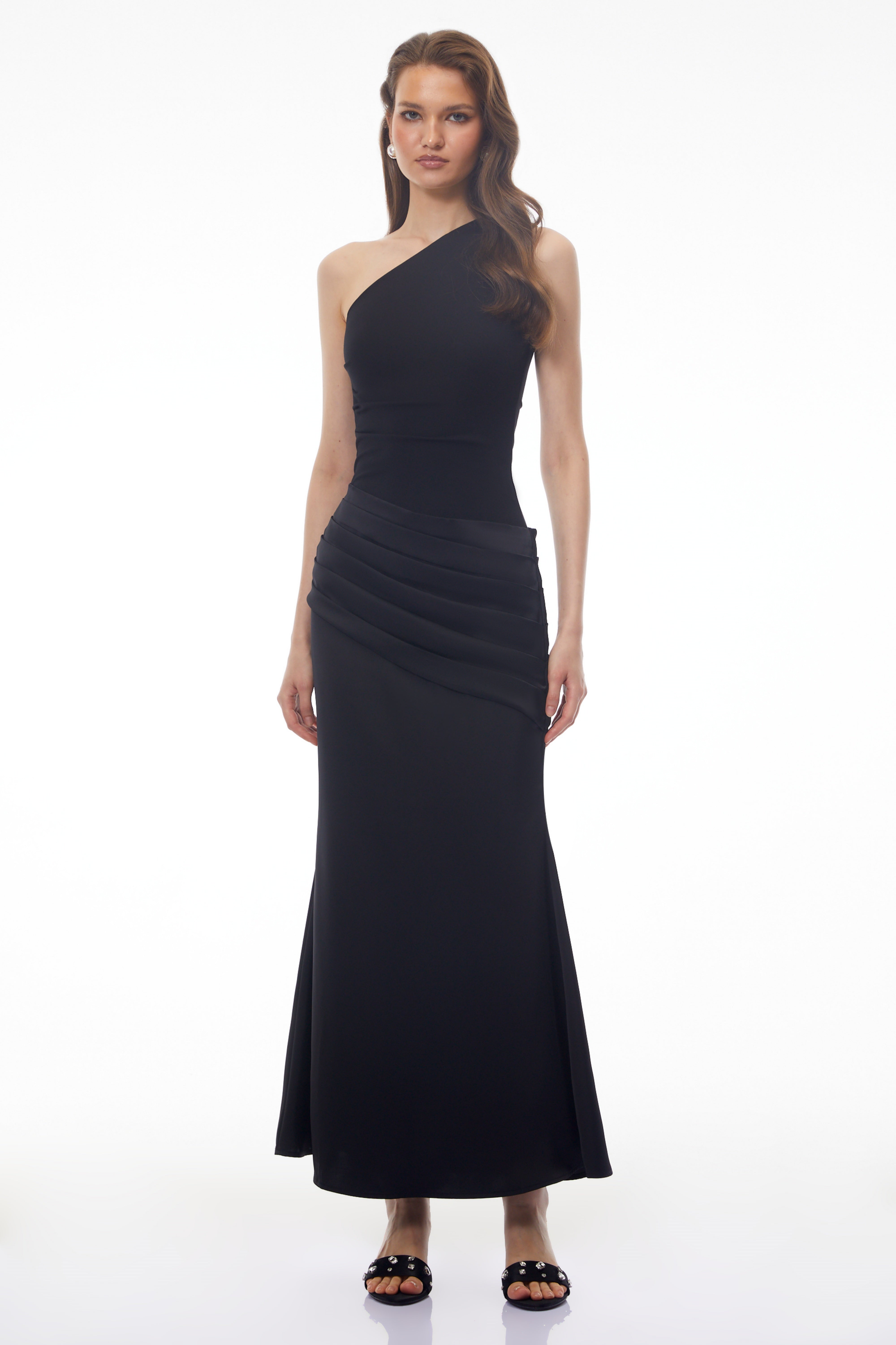 Hestia Black Ruched Maxi Dress with Satin Panels