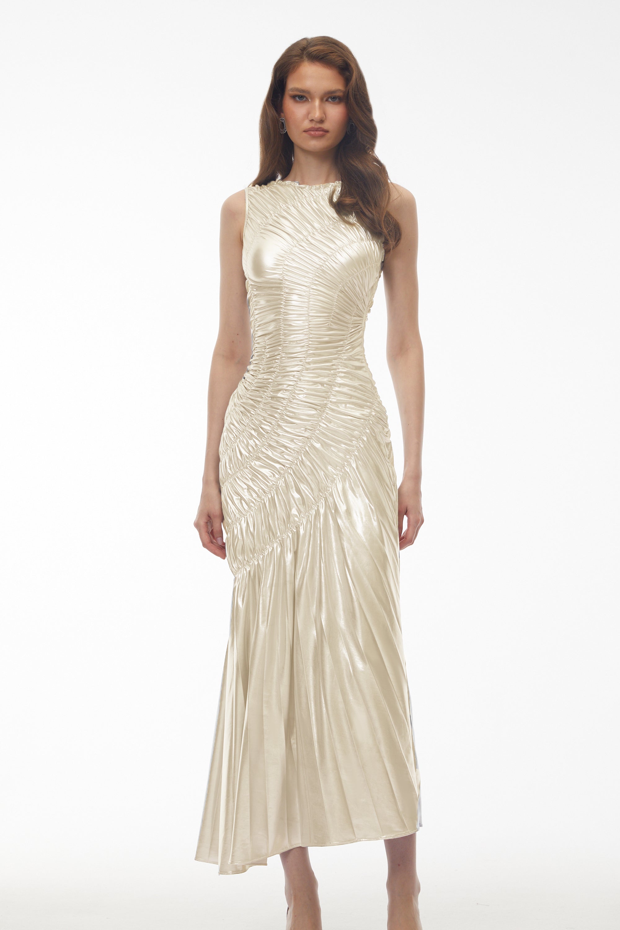 Robe longue asymétrique à volants Hestia Champagne