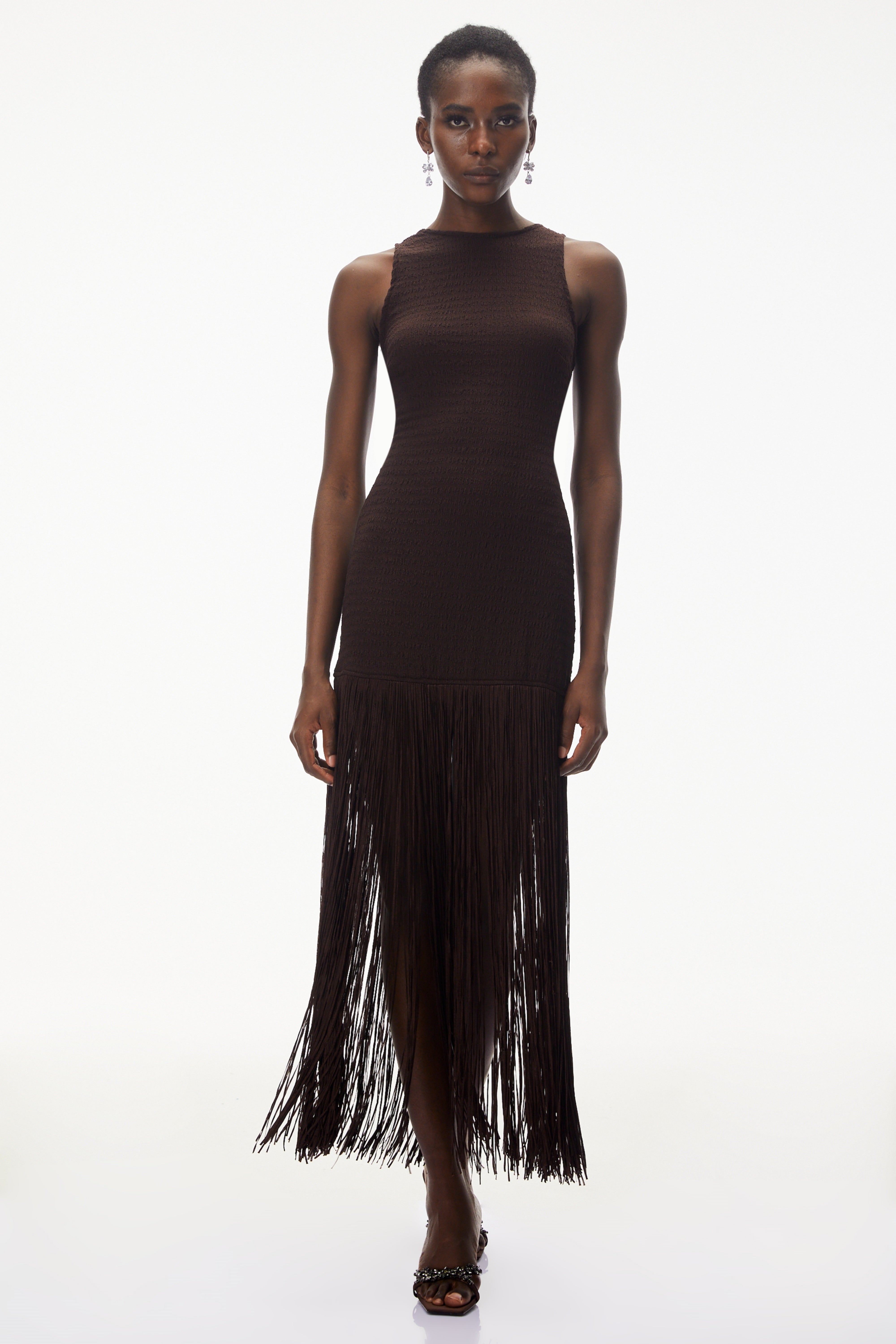 Hestia Chocolate Brown Sleeveless Fringed Maxi Dress