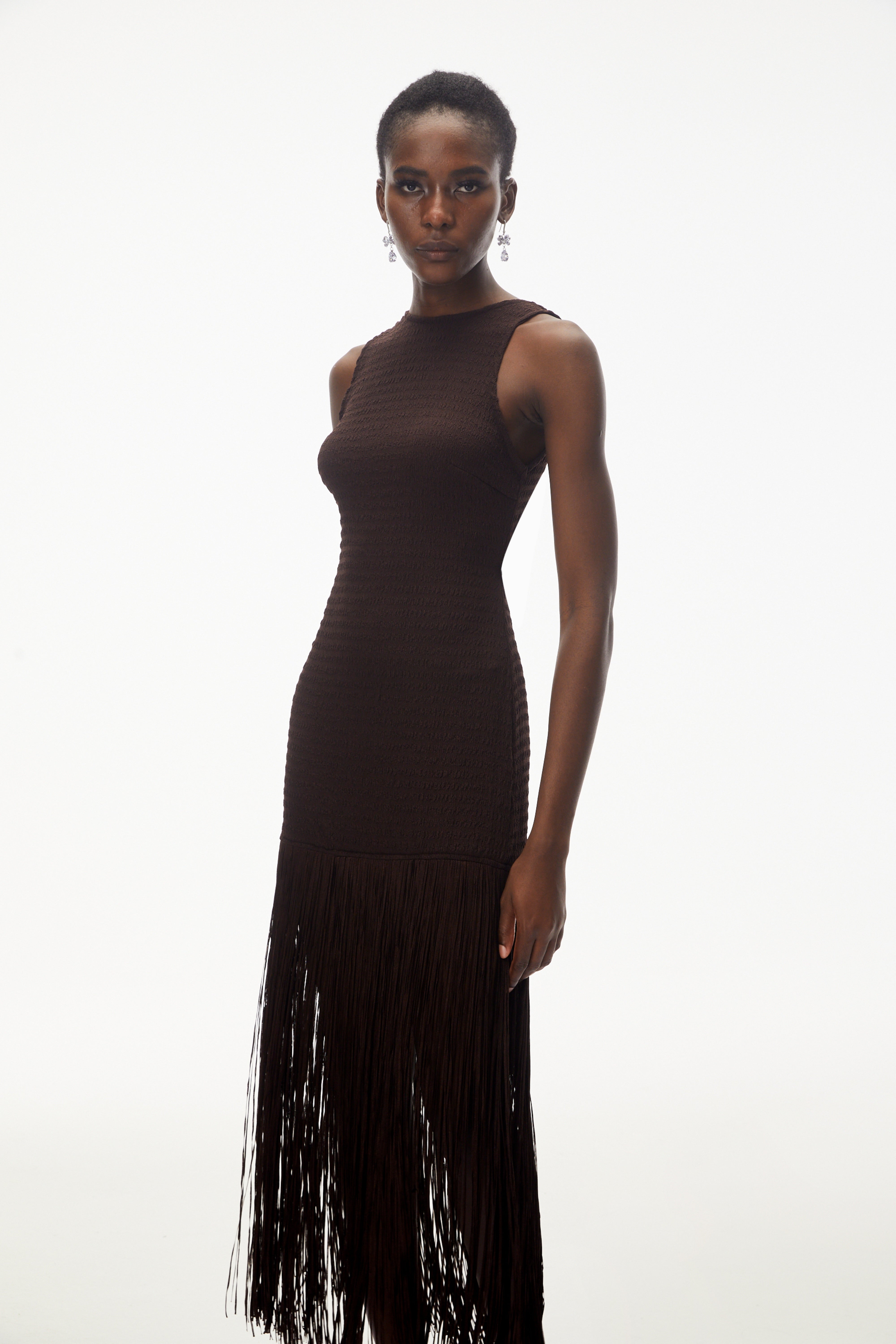 Hestia Chocolate Brown Sleeveless Fringed Maxi Dress