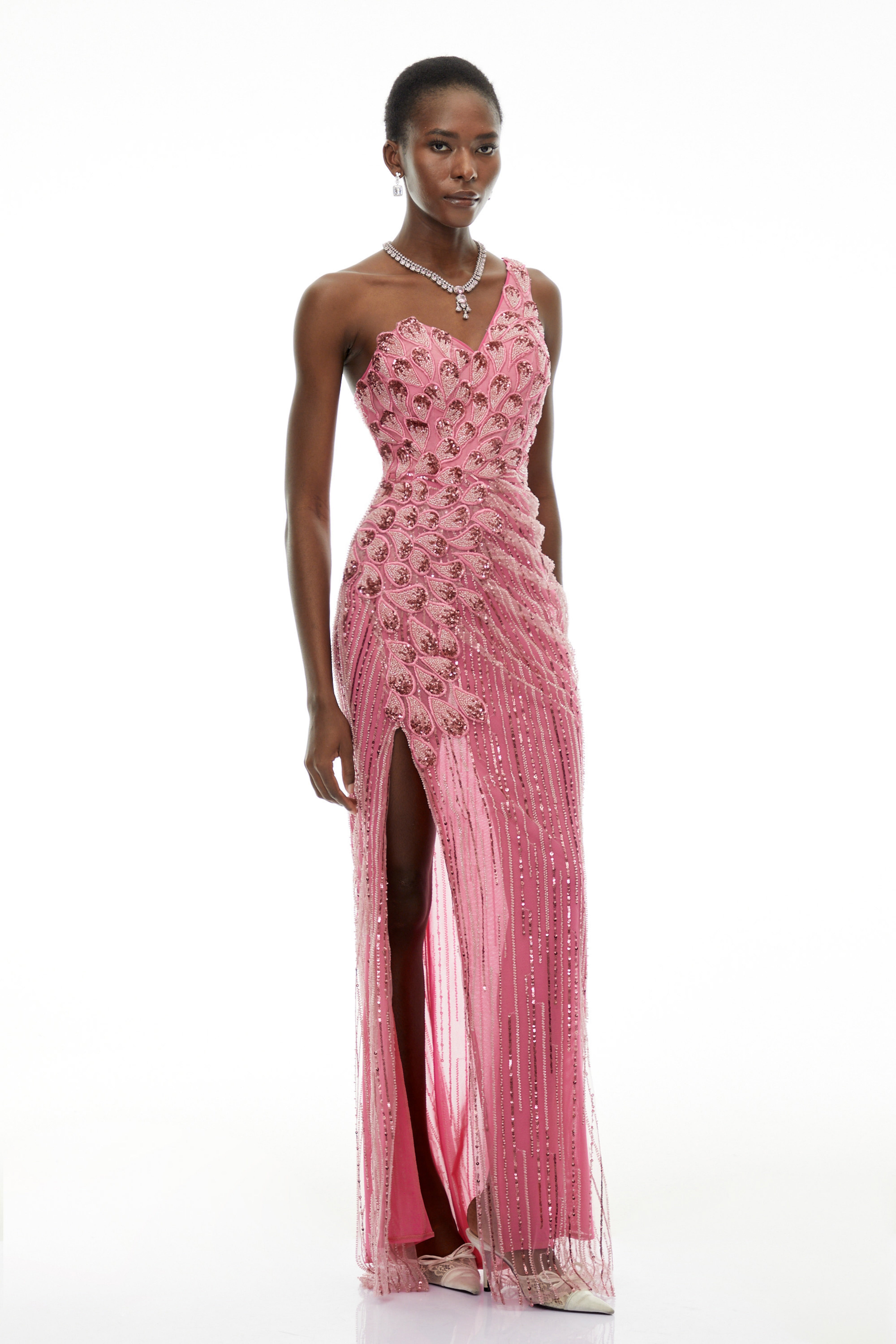 Hestia Pink Asymmetrical Embellished Maxi Dress