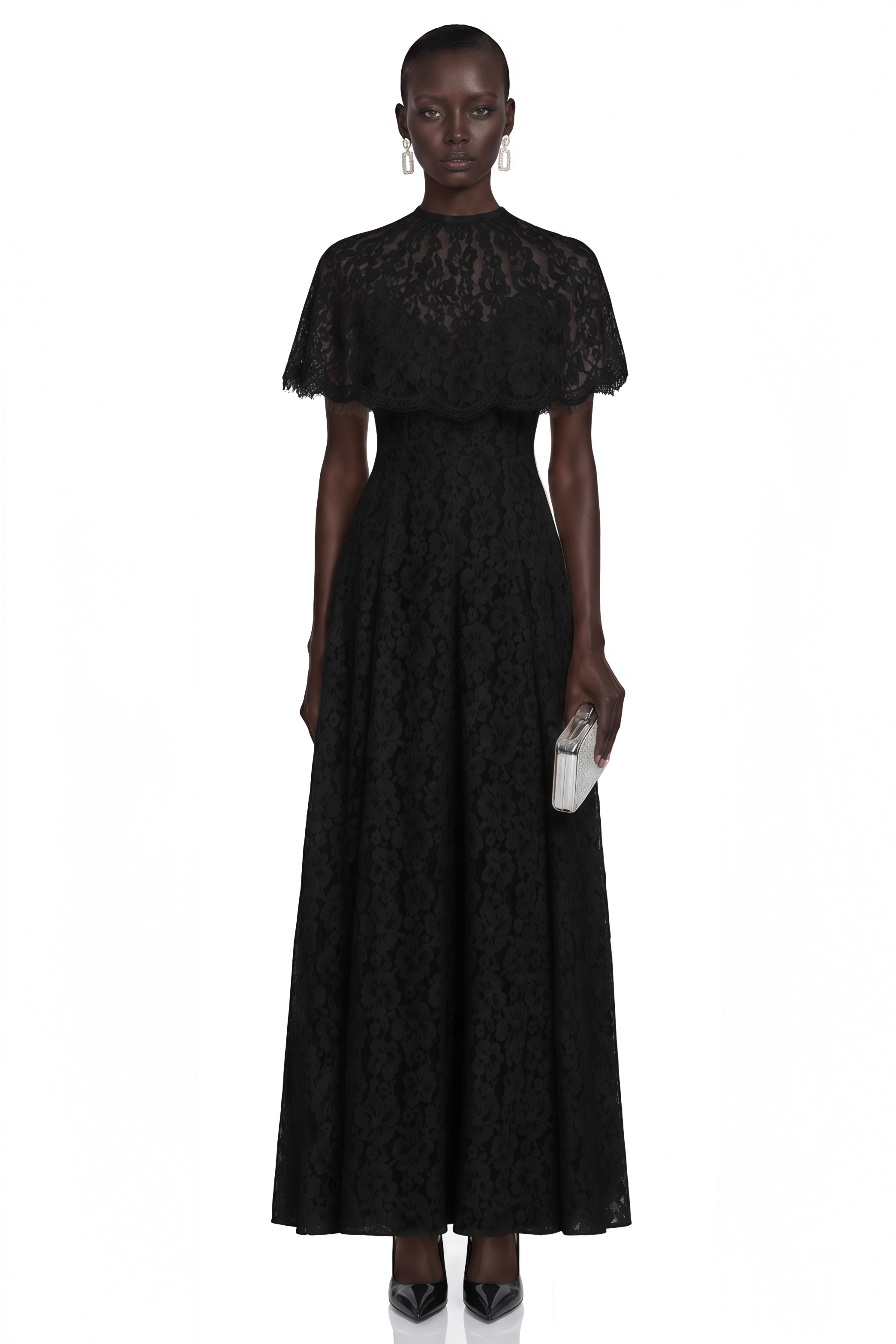 Hikawera Black Lace Maxi Dress with Cape