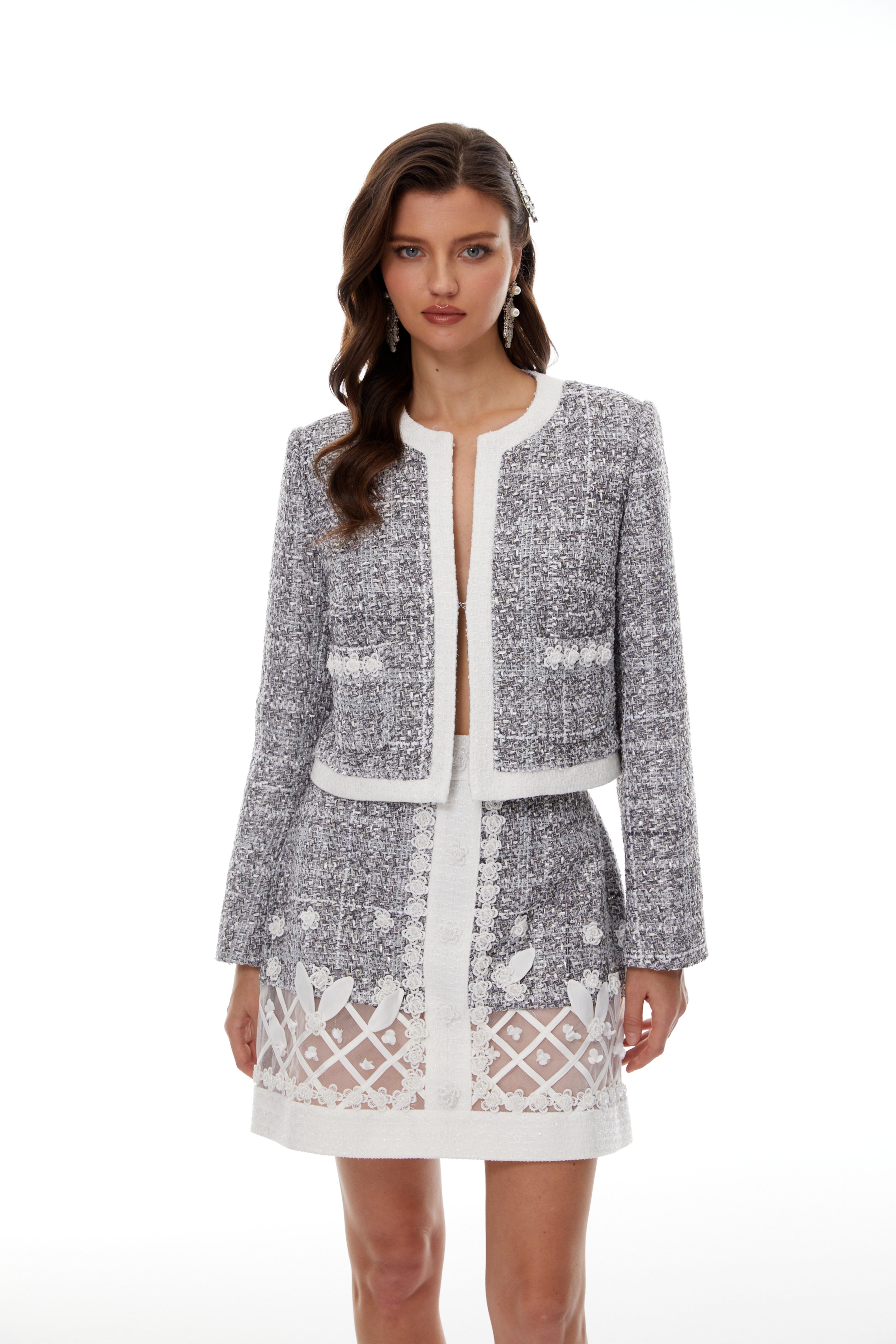 Hildegard Grey Tweed Jacket & Skirt Set with 3D Petals