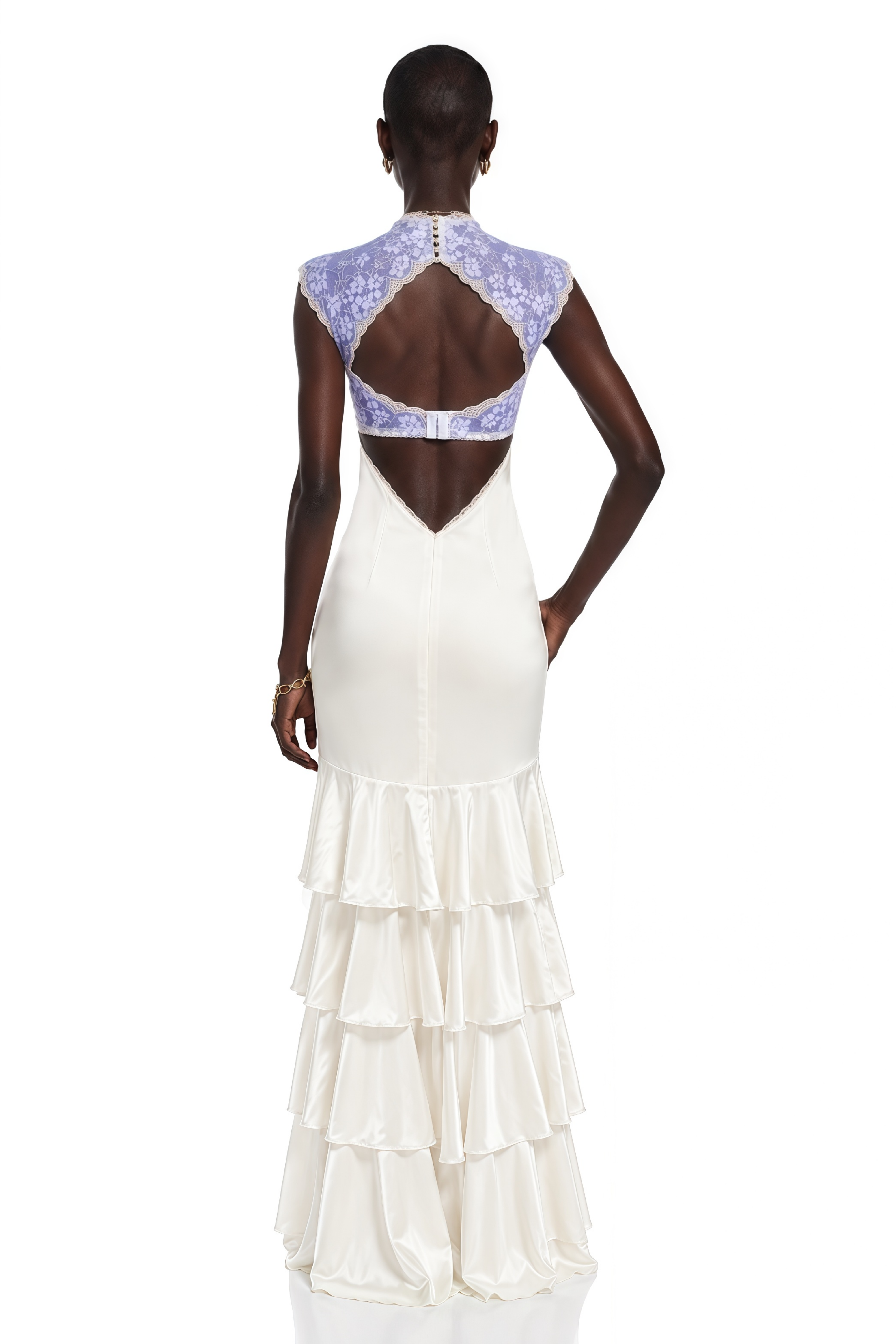 Holly Ivory Floral Lace Ruffled Maxi Dress with Cut-Outs