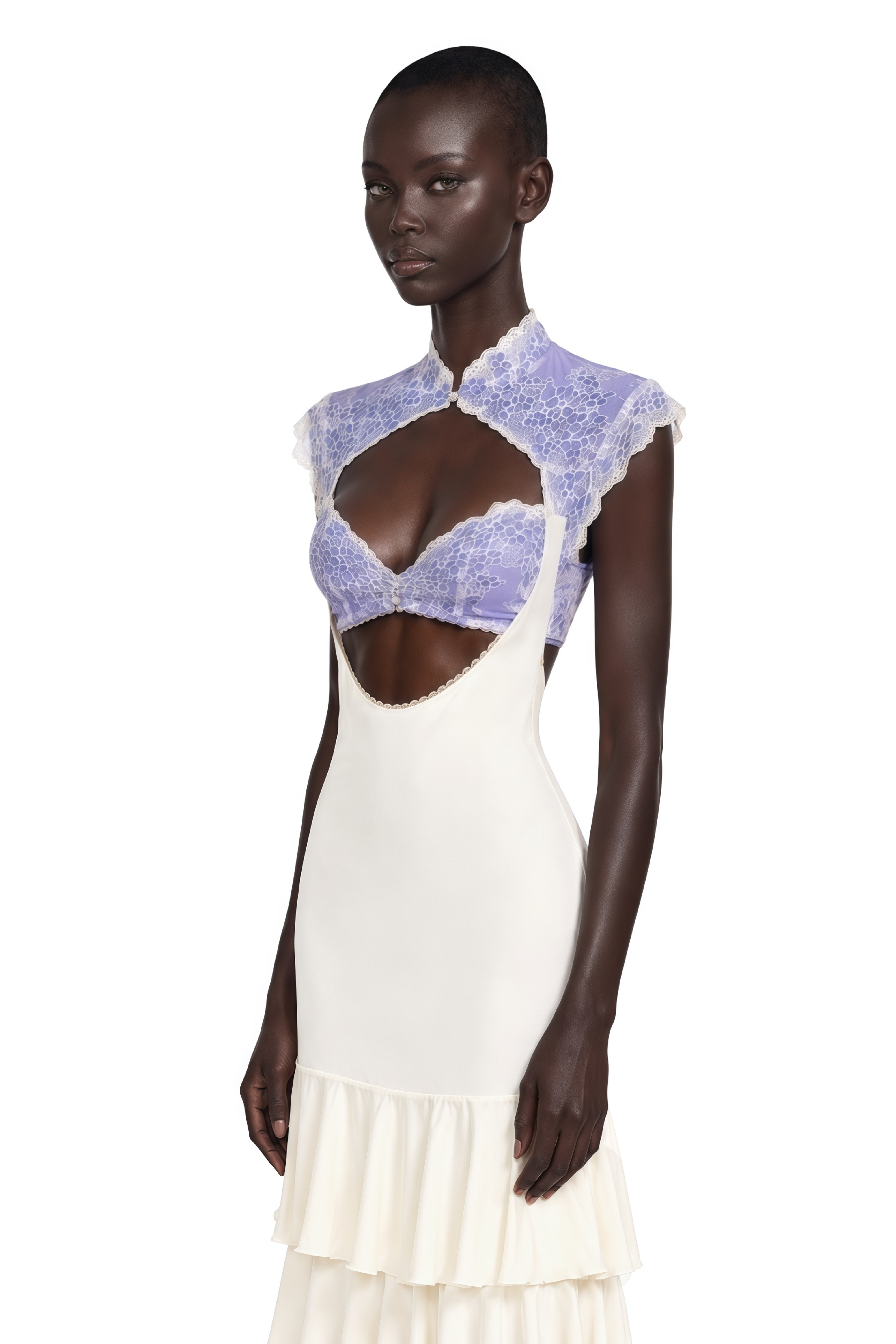 Holly Ivory Floral Lace Ruffled Maxi Dress with Cut-Outs