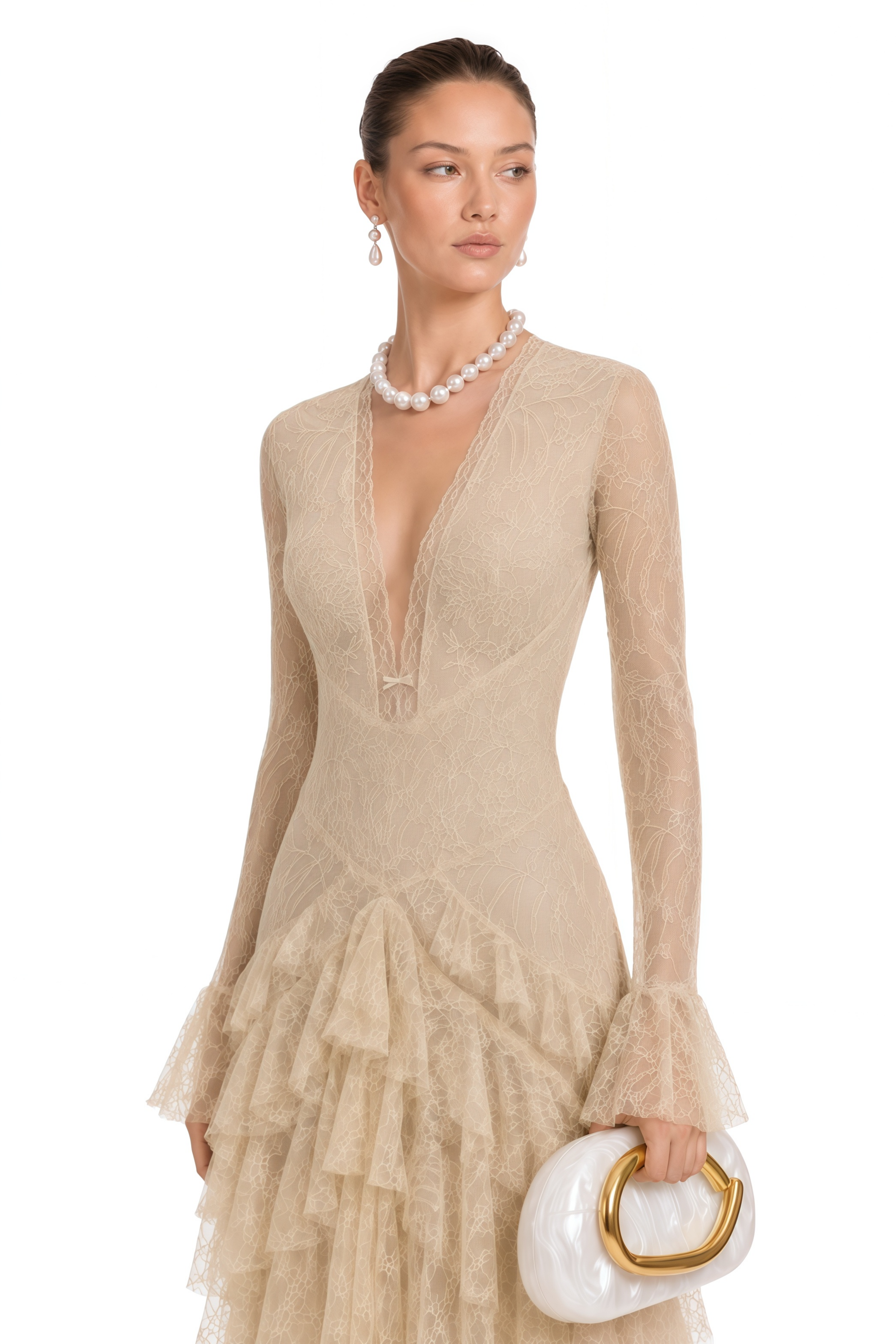 Humayma Beige Lace Tiered Midi Dress