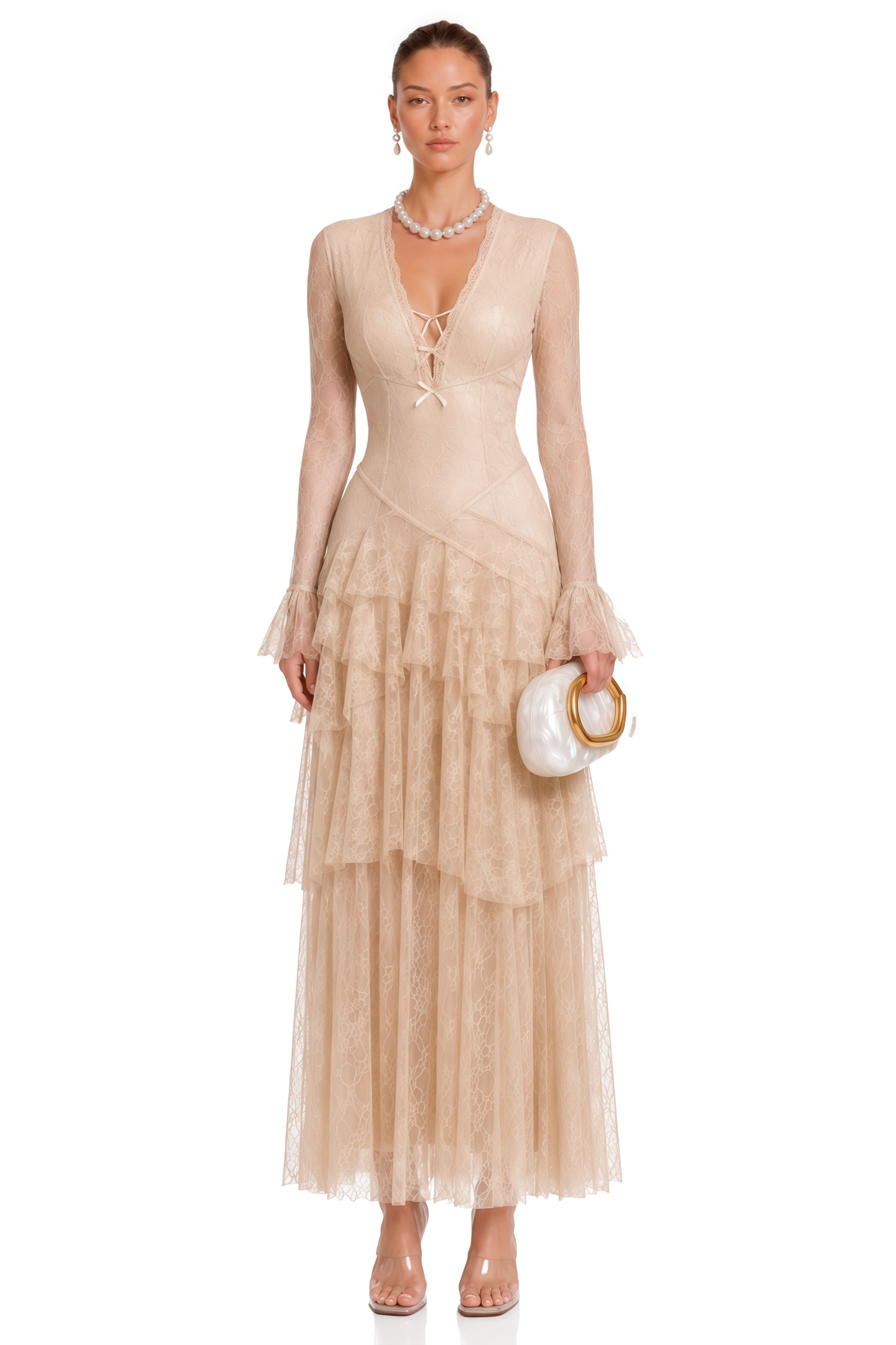 Humayma Beige Lace Tiered Midi Dress