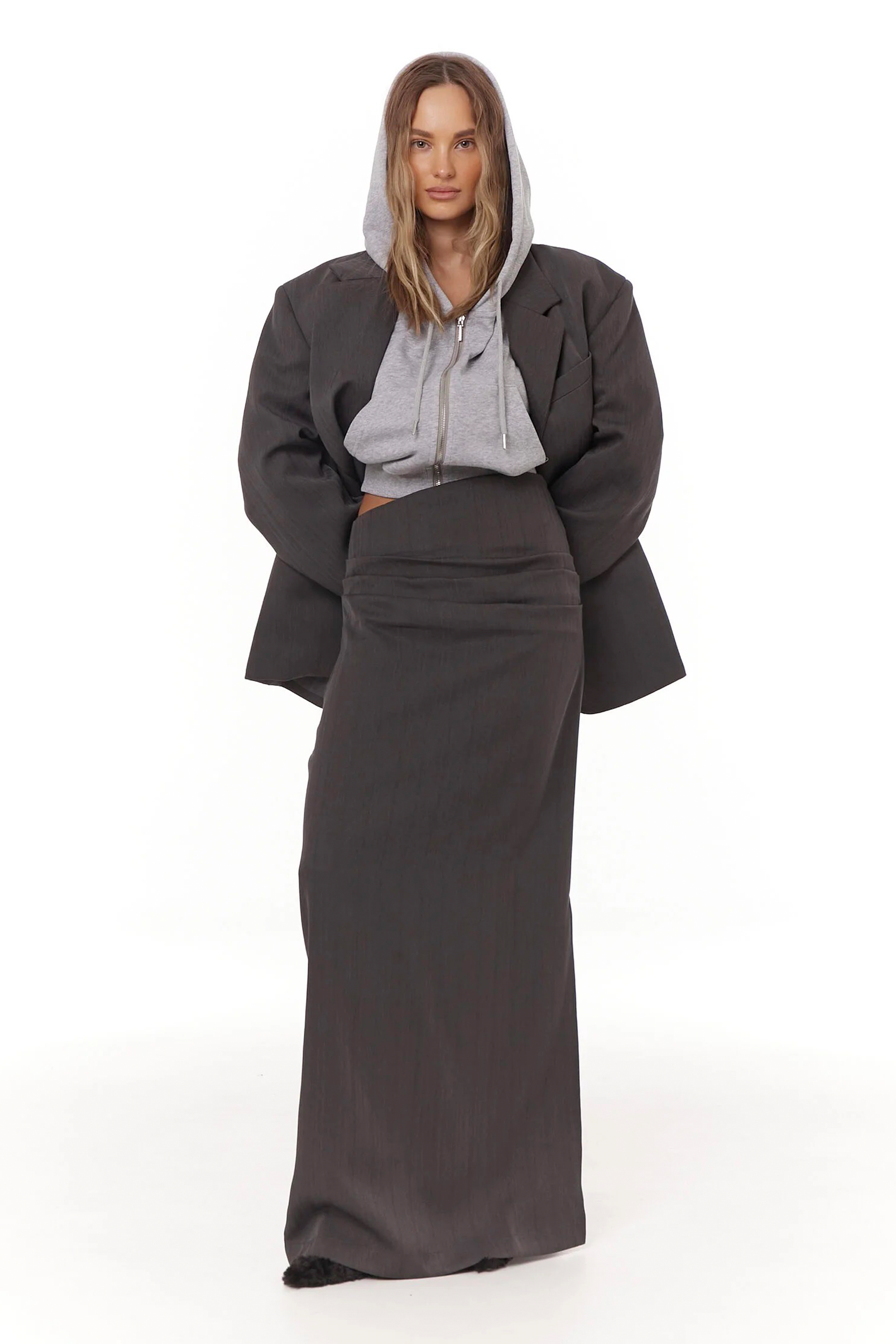 Eléonore Grey Ruched Maxi Skirt