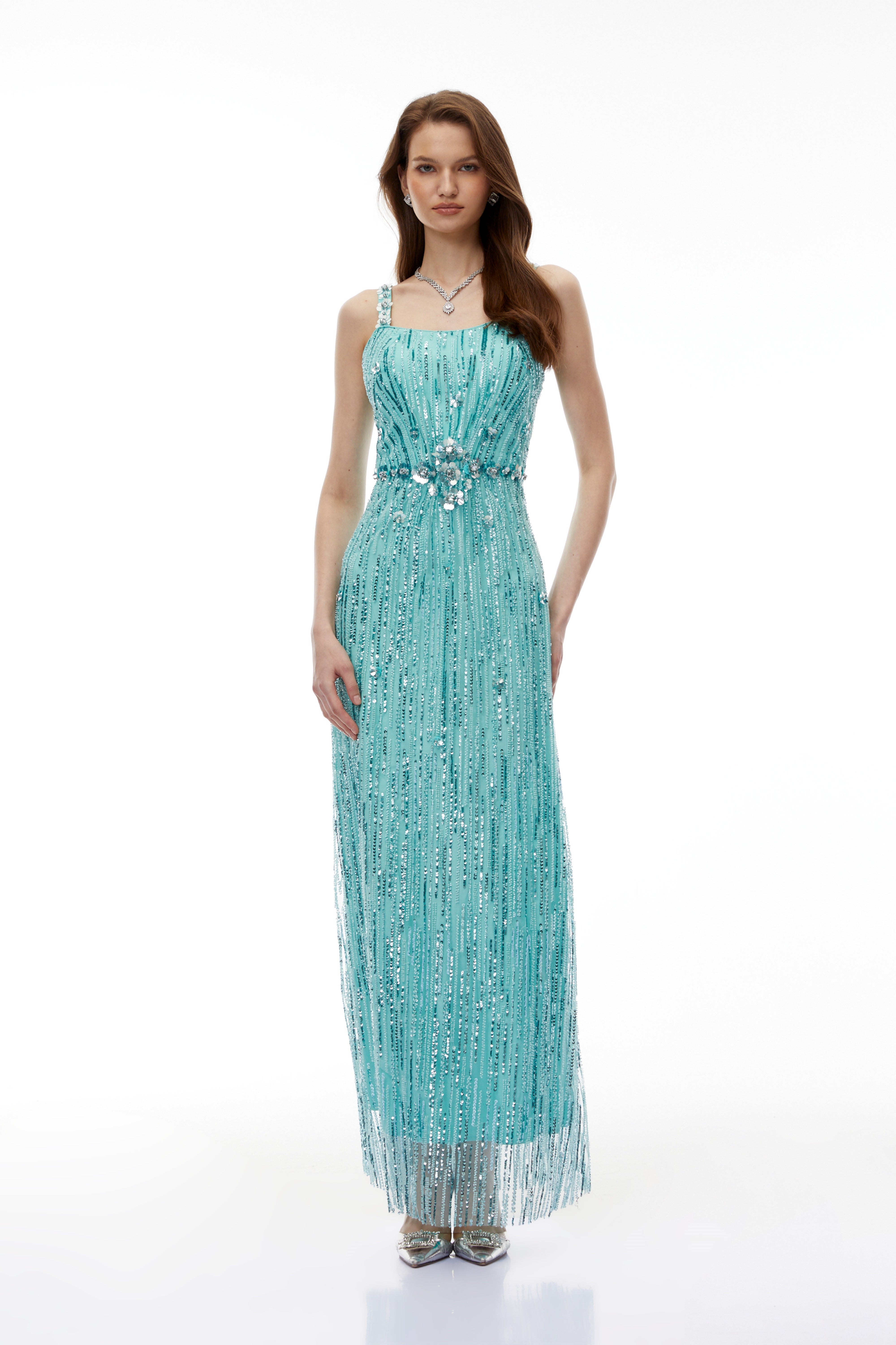 فستان ماكسي مزين بزخارف خضراء من Ianthe مع حواف مزينة بالشراشيب