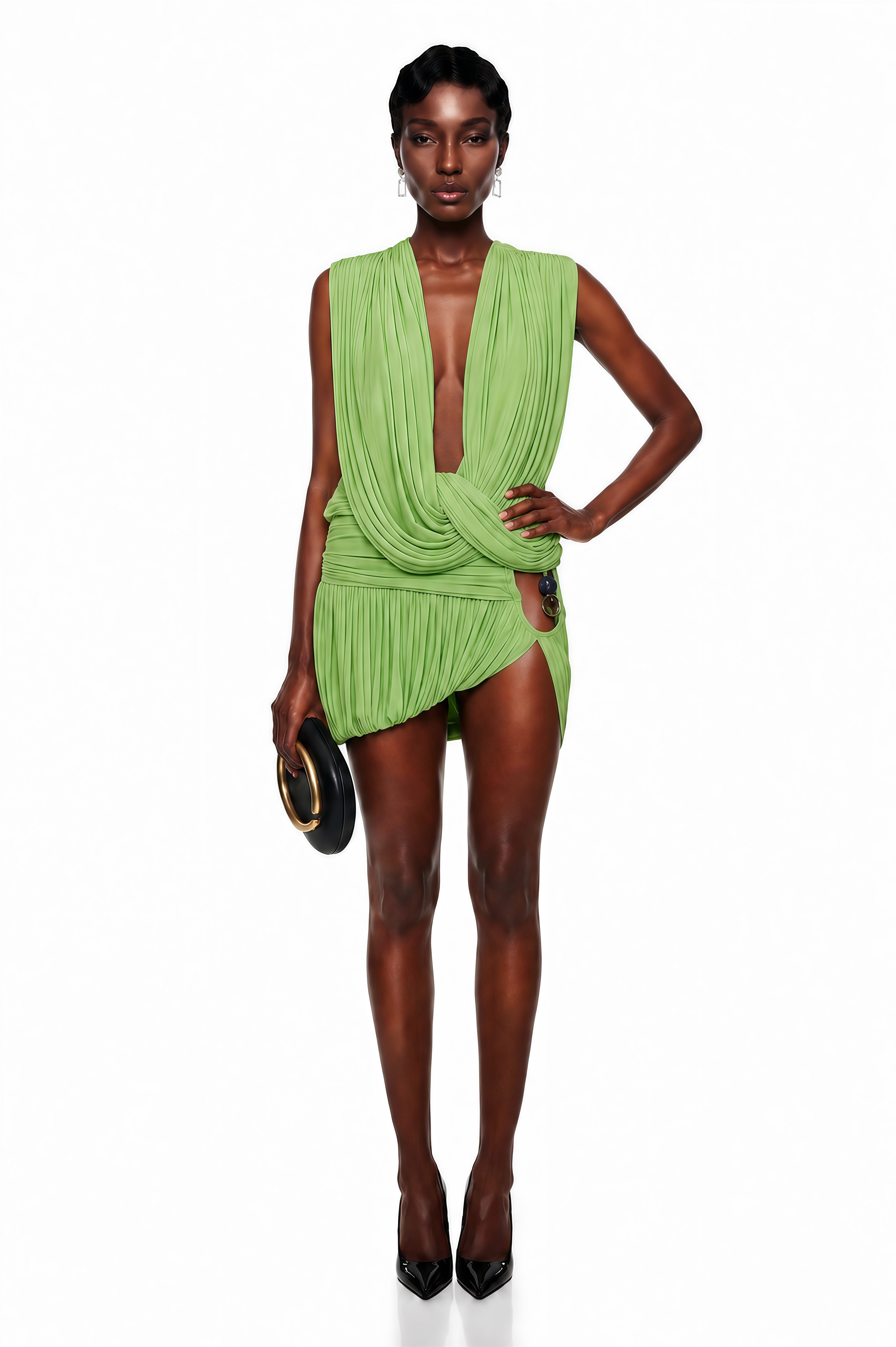 Idalina Green Cross Front Ruched Top & Skirt Set