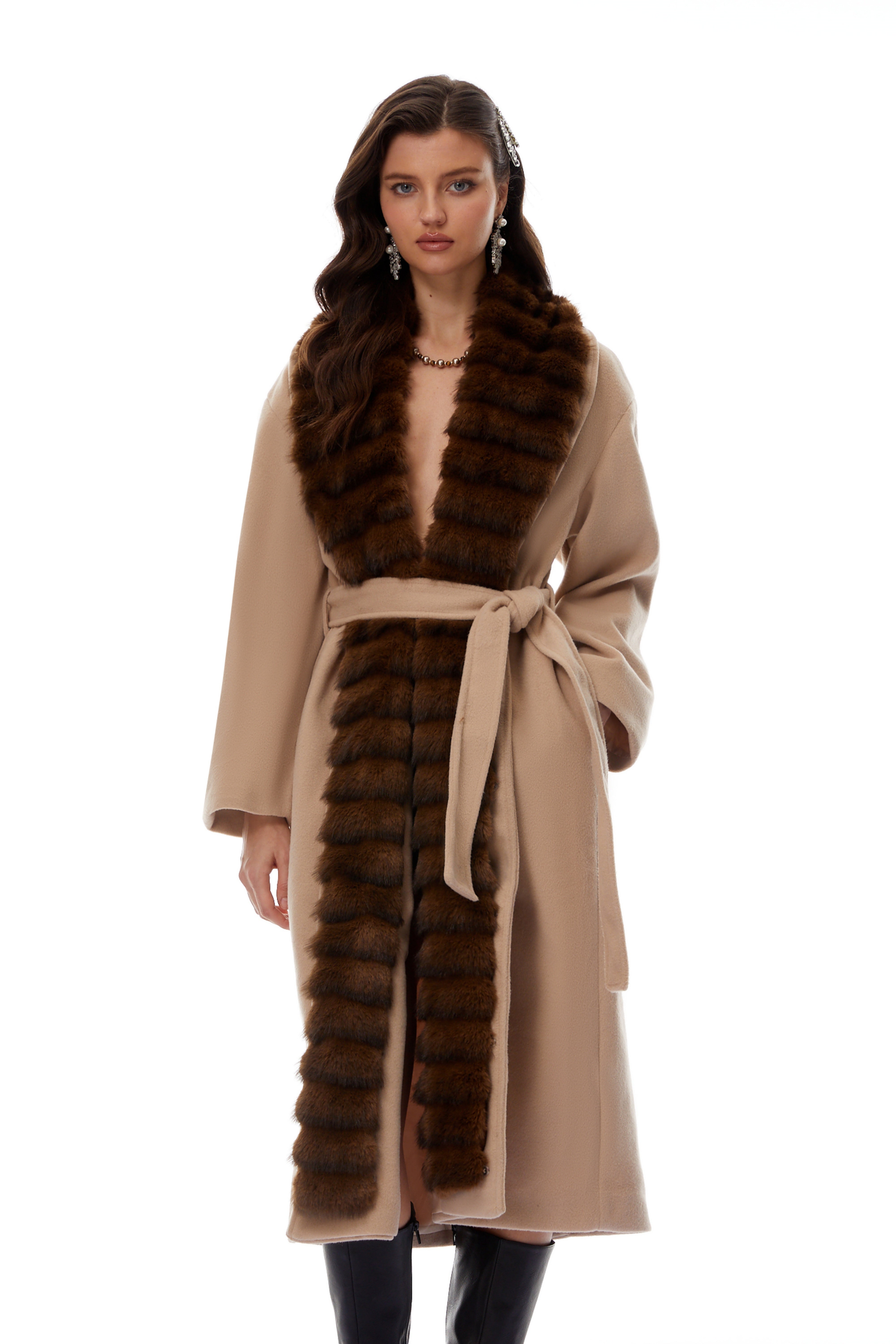 Ileana Khaki Fur Trim Trench Coat