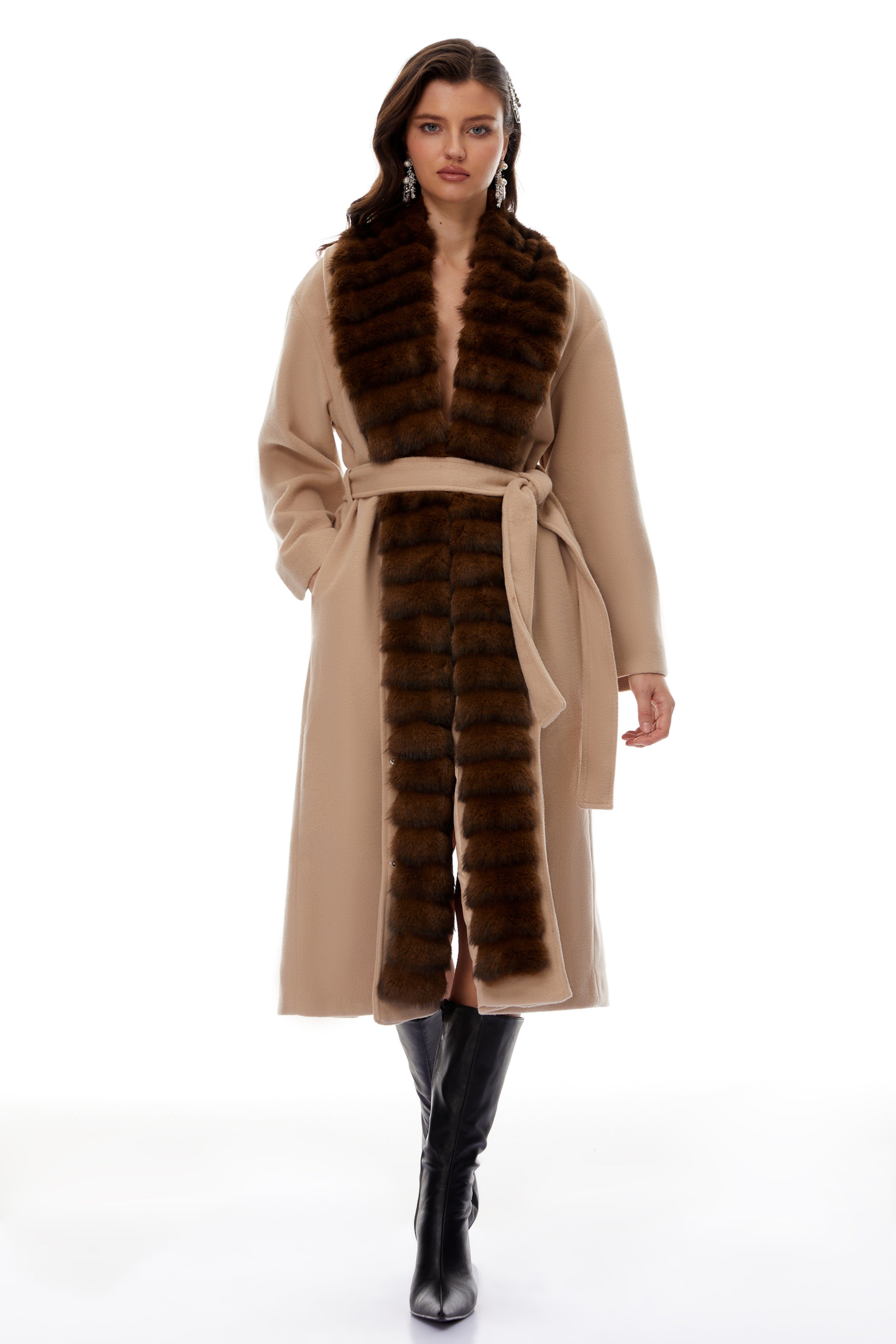 Ileana Khaki Fur Trim Trench Coat