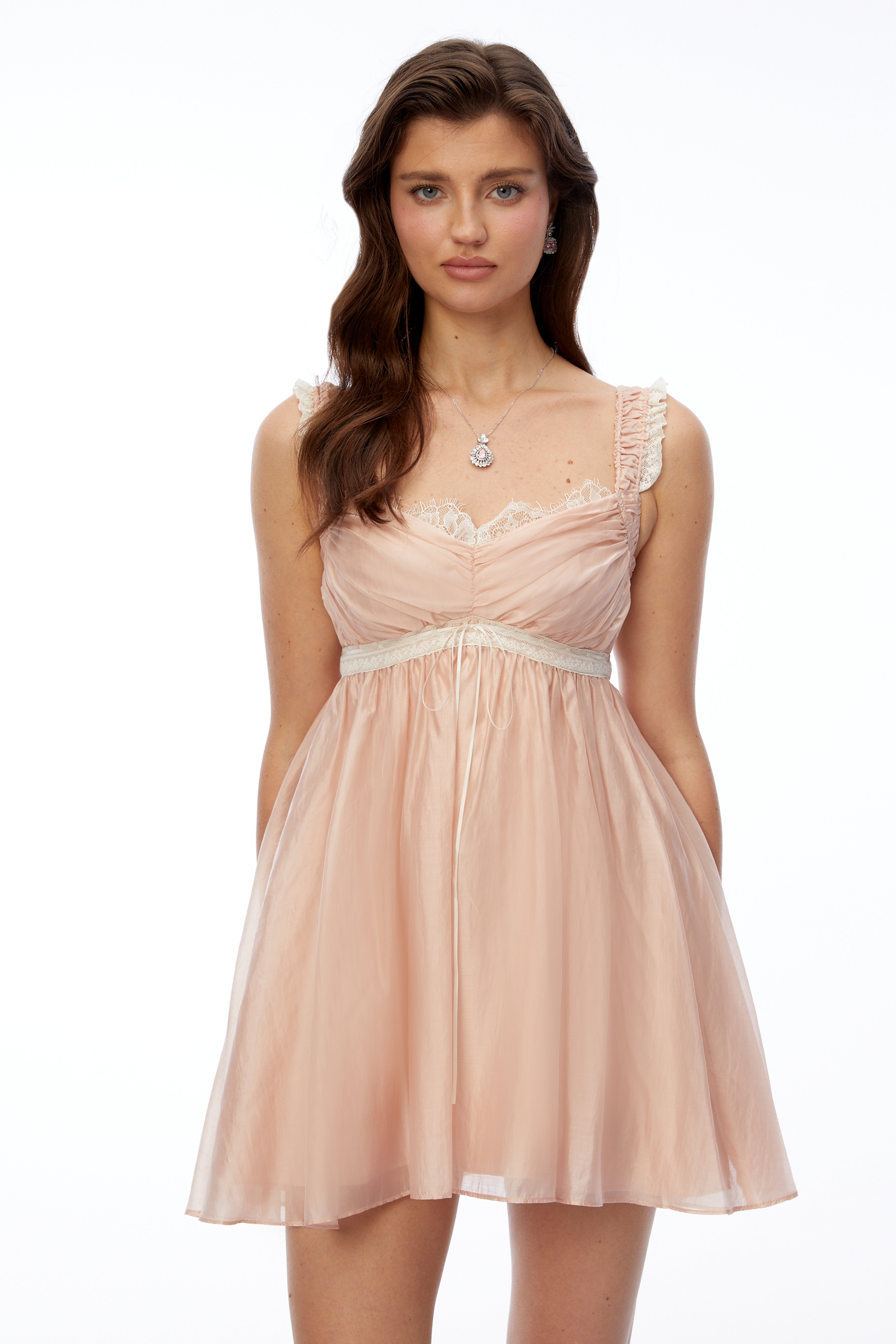 Inez Pink Ruched Mini Dress with Lace Trim