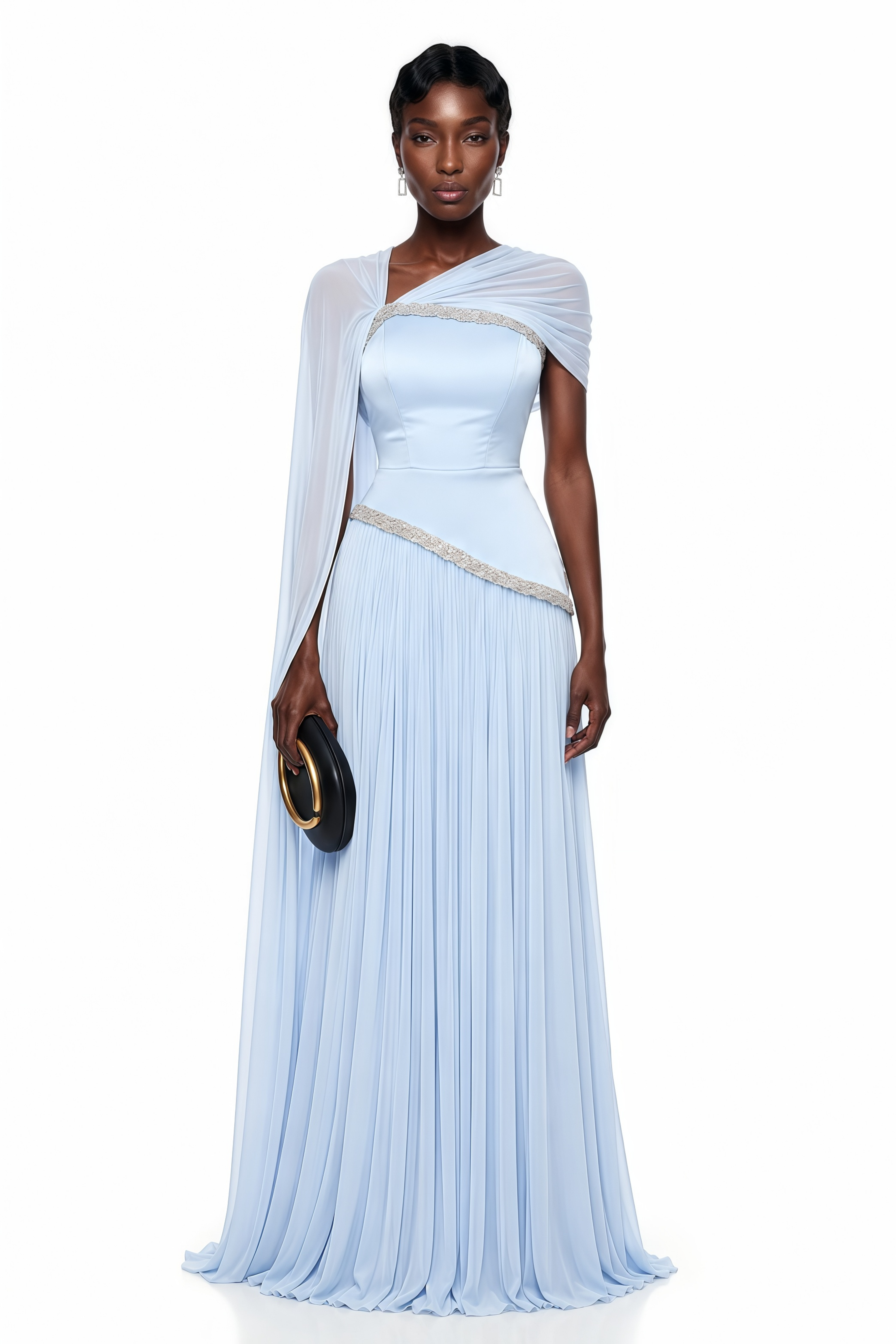 Iris Blue Embellished Asymmetrical Maxi Dress with Cape
