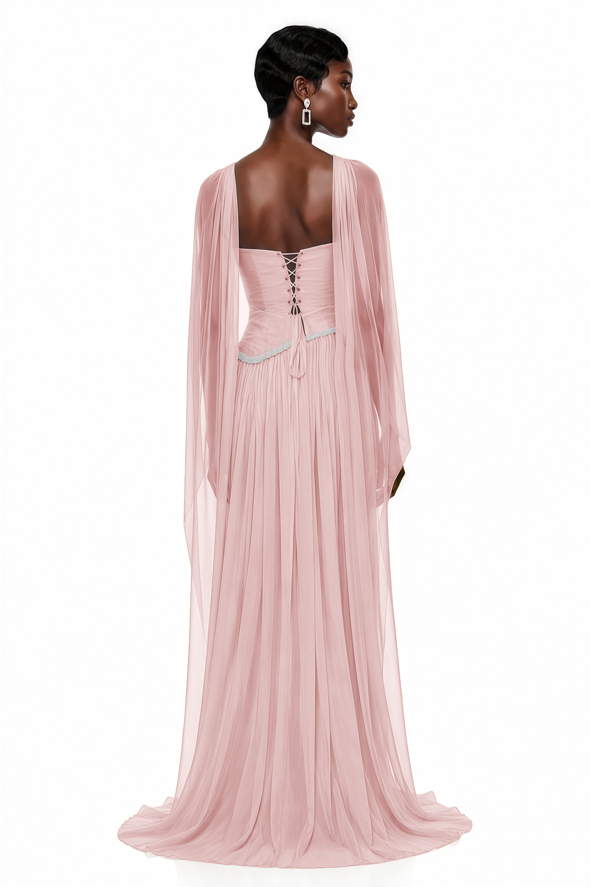 Pink one-shoulder maxi dress with a draped overlay and pleated skirt
