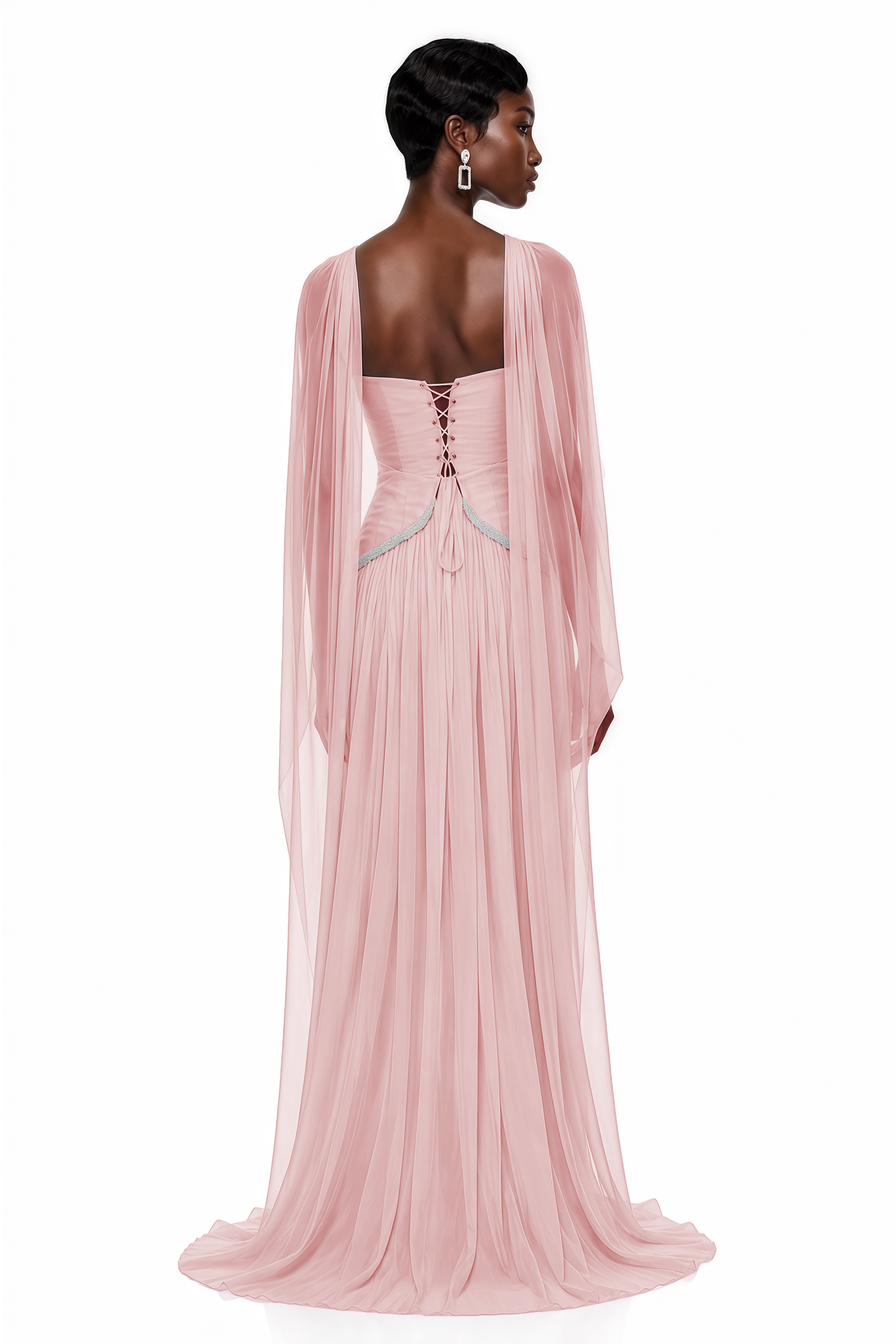 Iris Pink Embellished Asymmetrical Maxi Dress with Cape