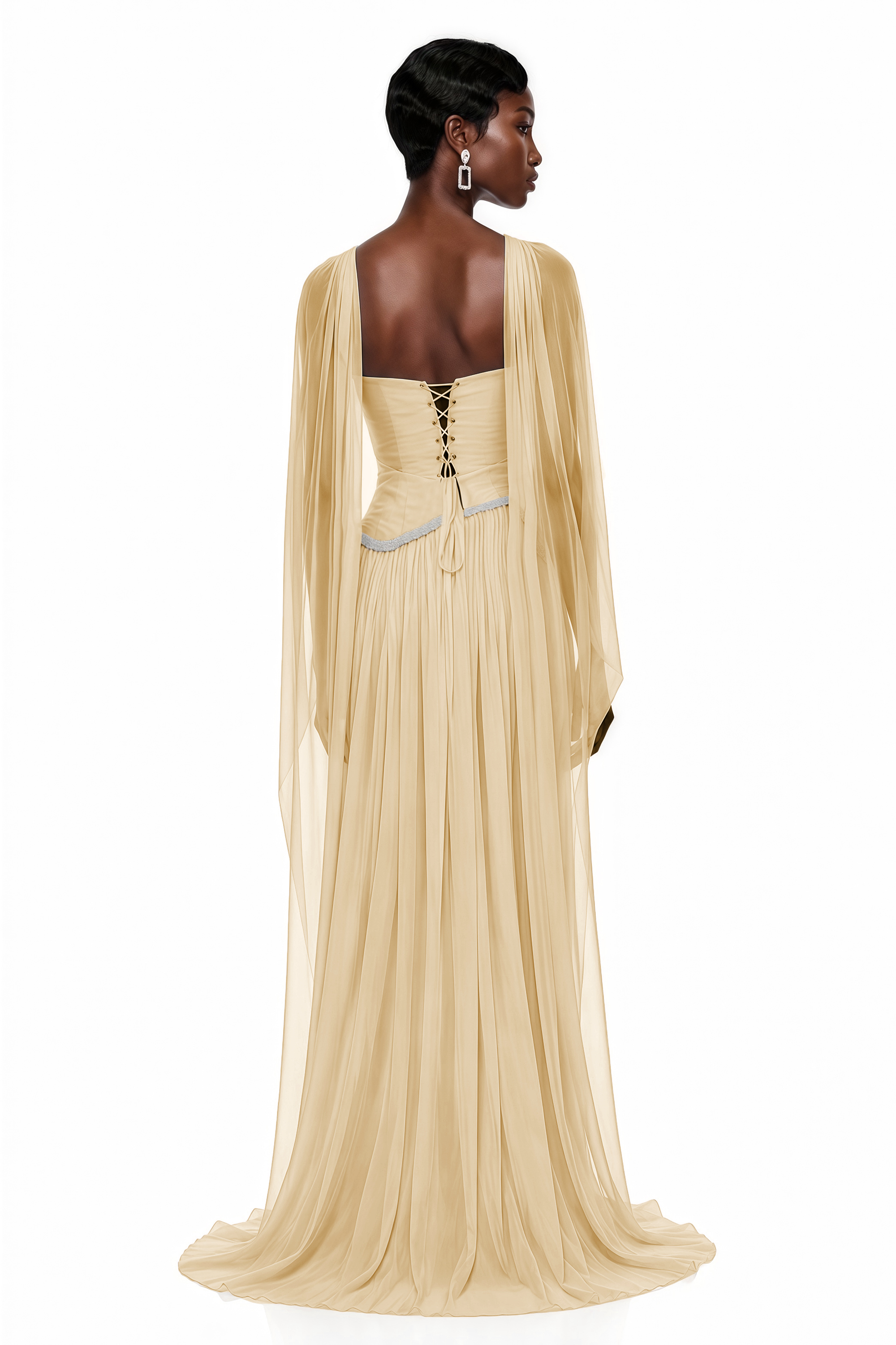 Yellow one-shoulder maxi dress with a draped overlay and pleated skirt