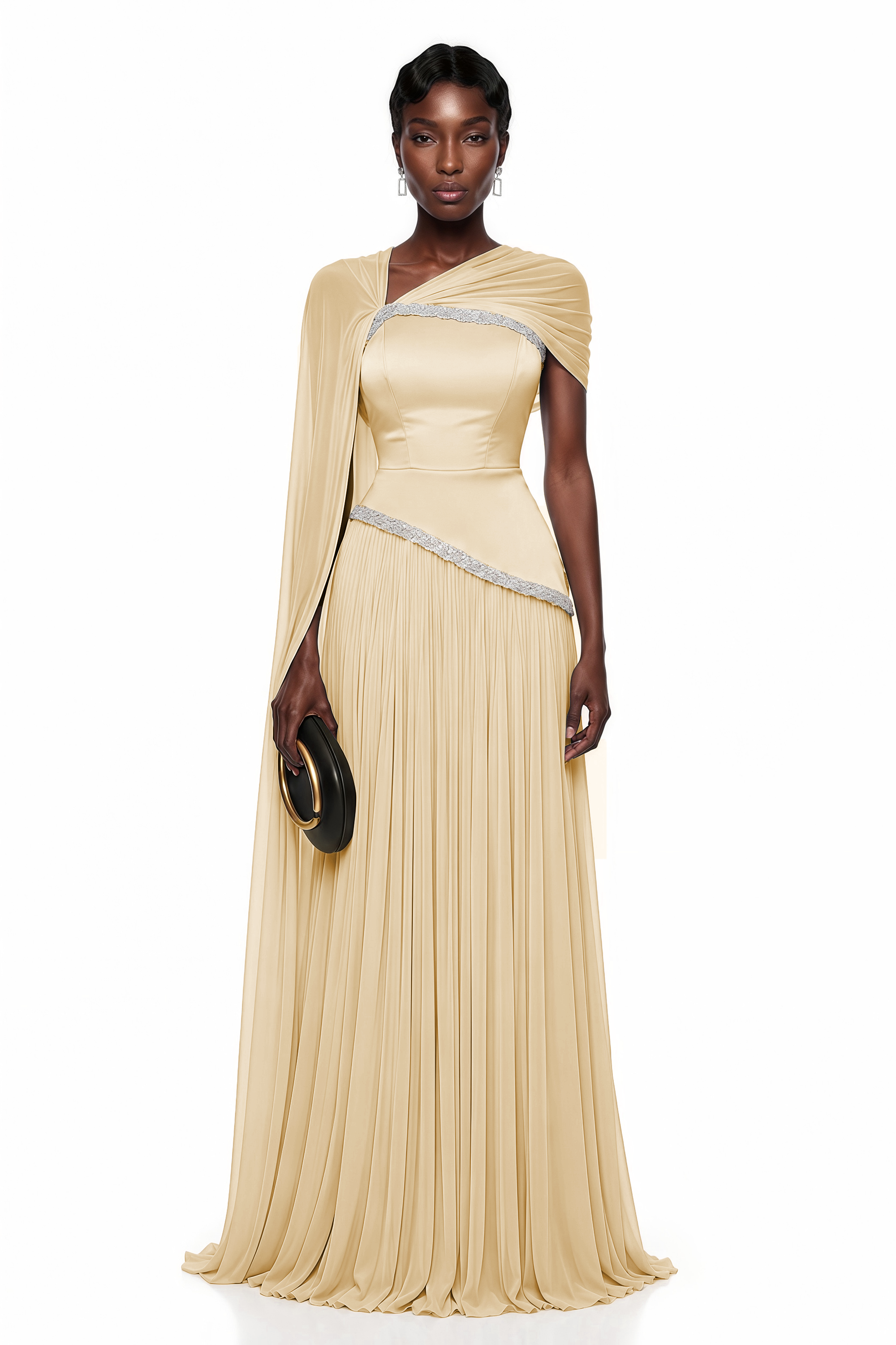 Iris Yellow Embellished Asymmetrical Maxi Dress with Cape