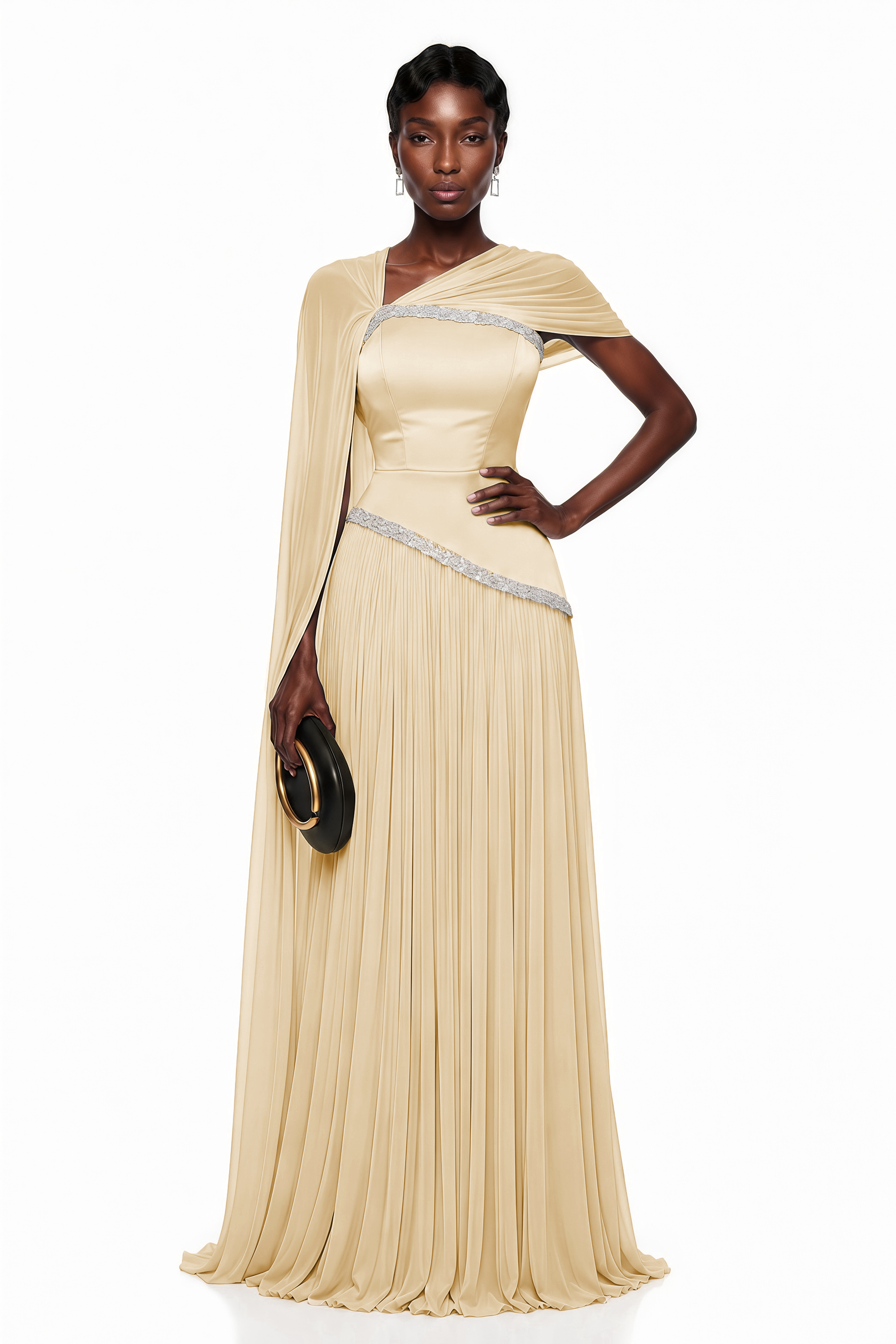 Iris Yellow Embellished Asymmetrical Maxi Dress with Cape