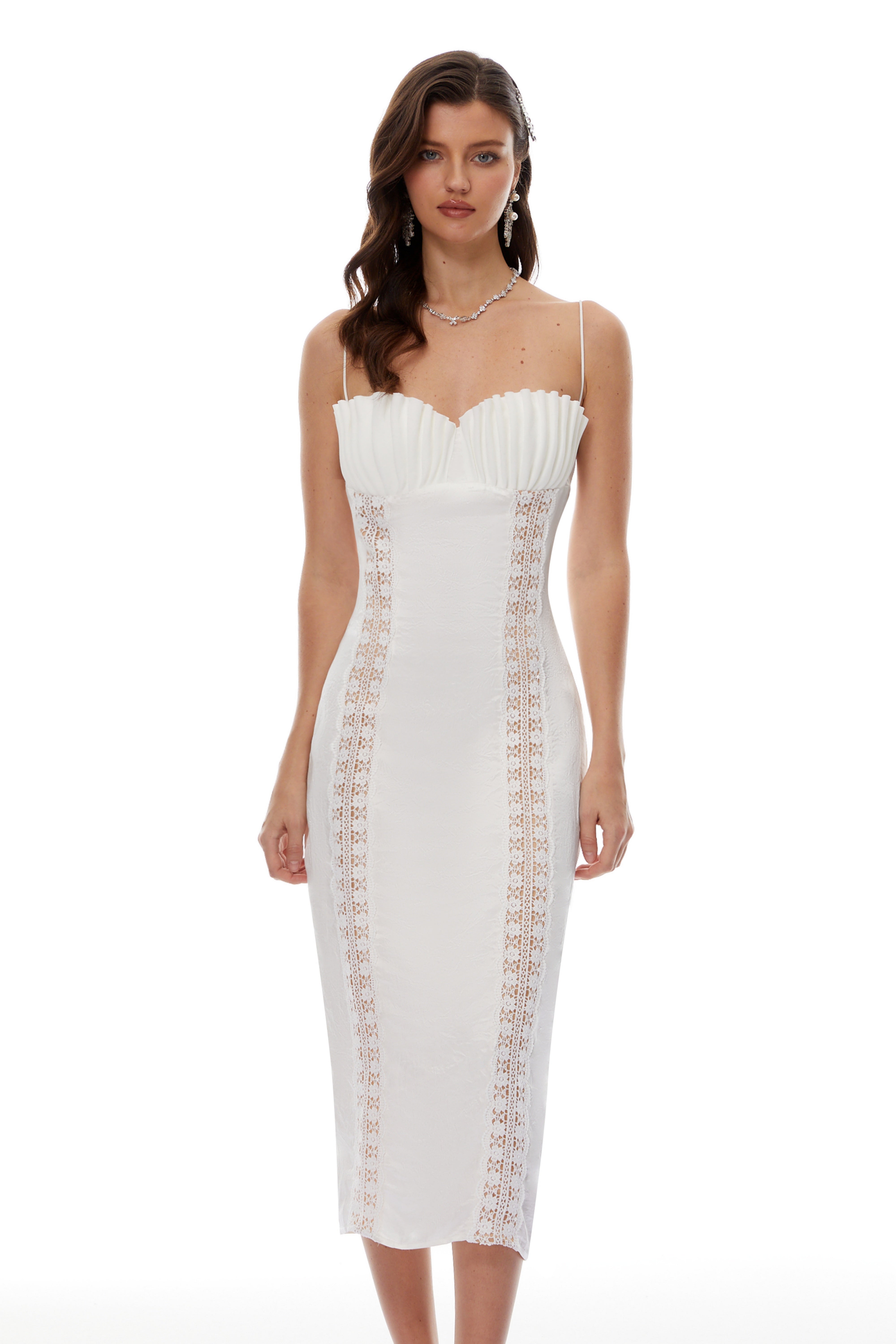 Irmgard White Shell Pleated Satin Midi Dress