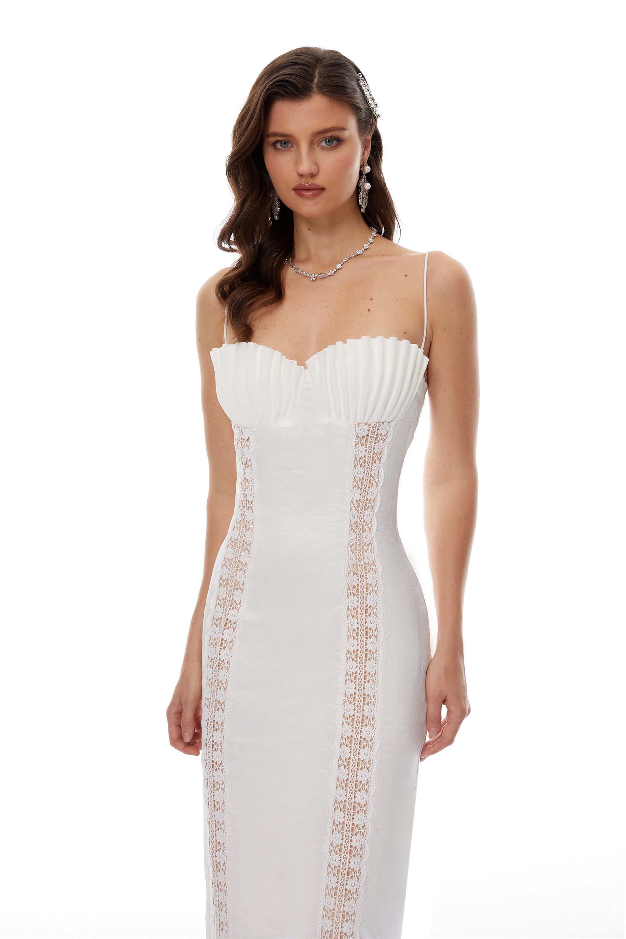 Irmgard White Shell Pleated Satin Midi Dress