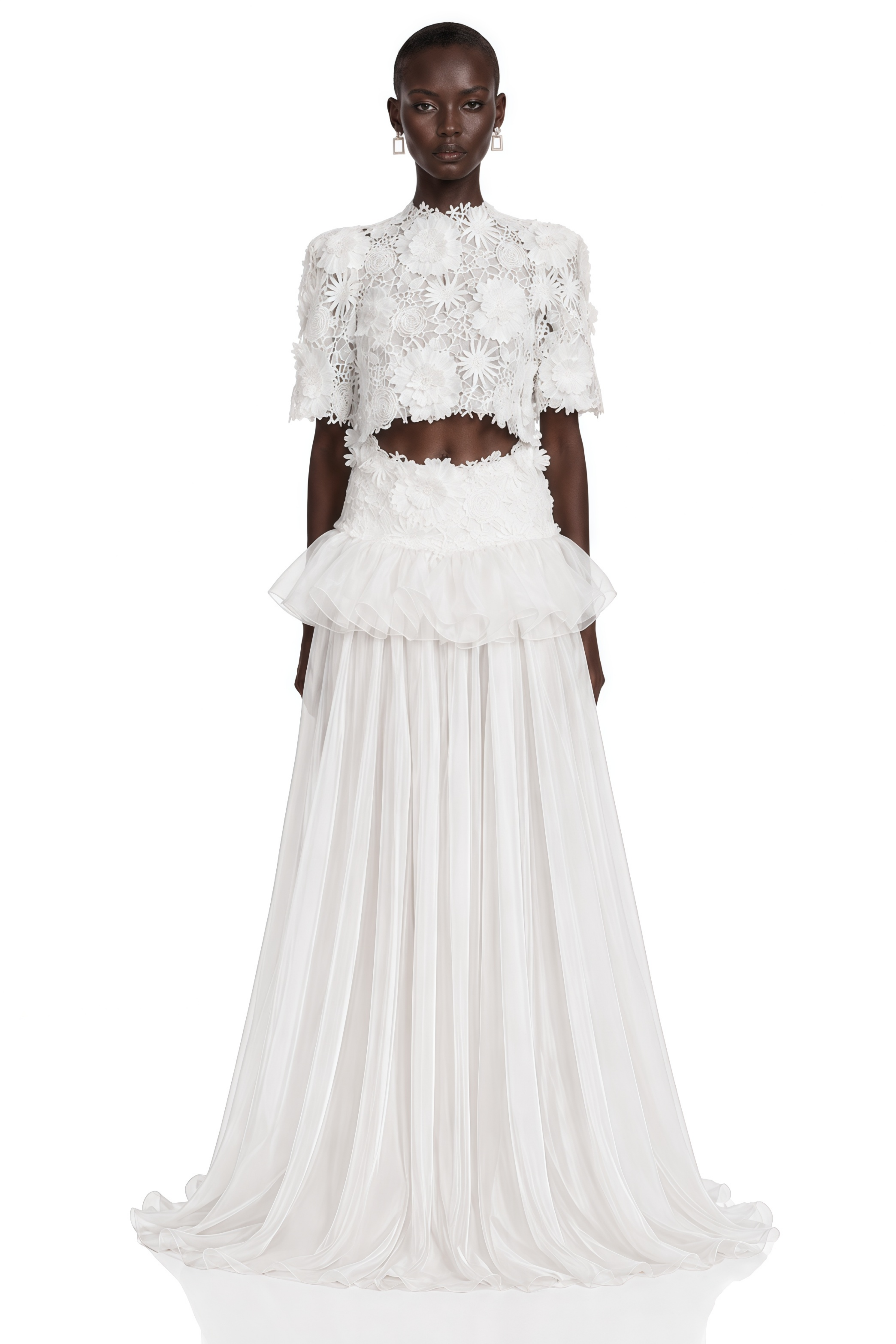 Isla White Lace Puff Sleeves Crop Top & Skirt Set