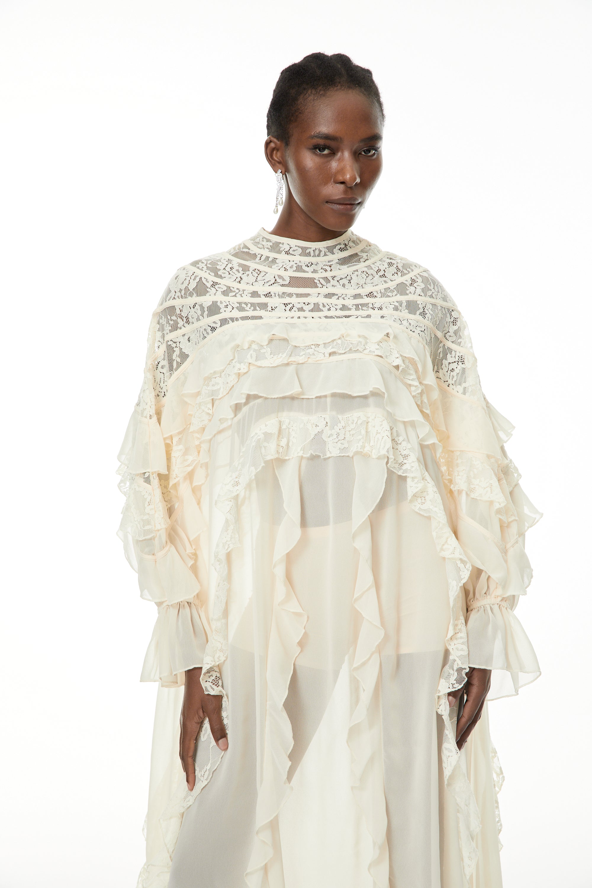 Ivana Neutrals Lace Ruched Maxi Dress