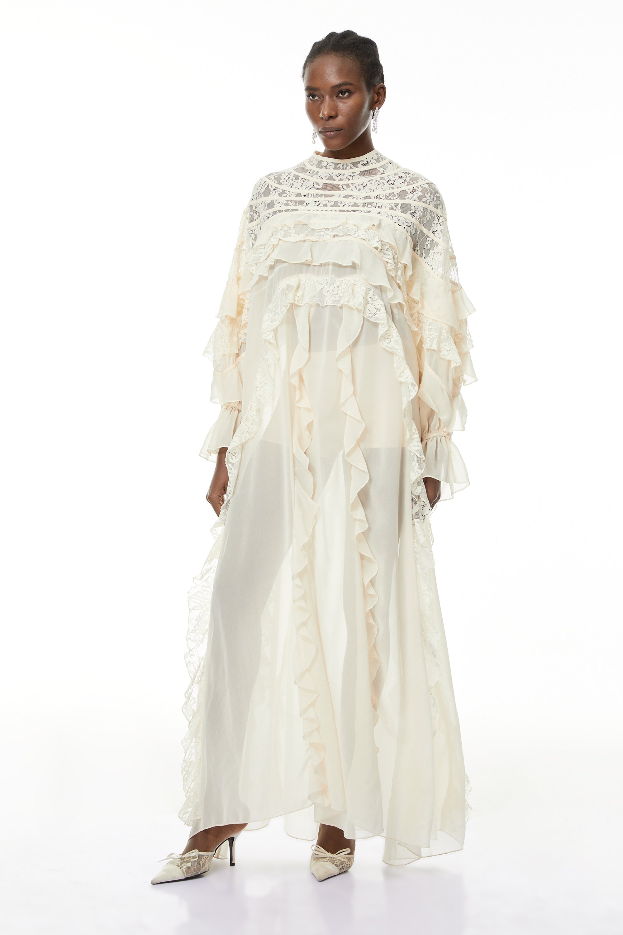 Ivana Neutrals Lace Ruched Maxi Dress