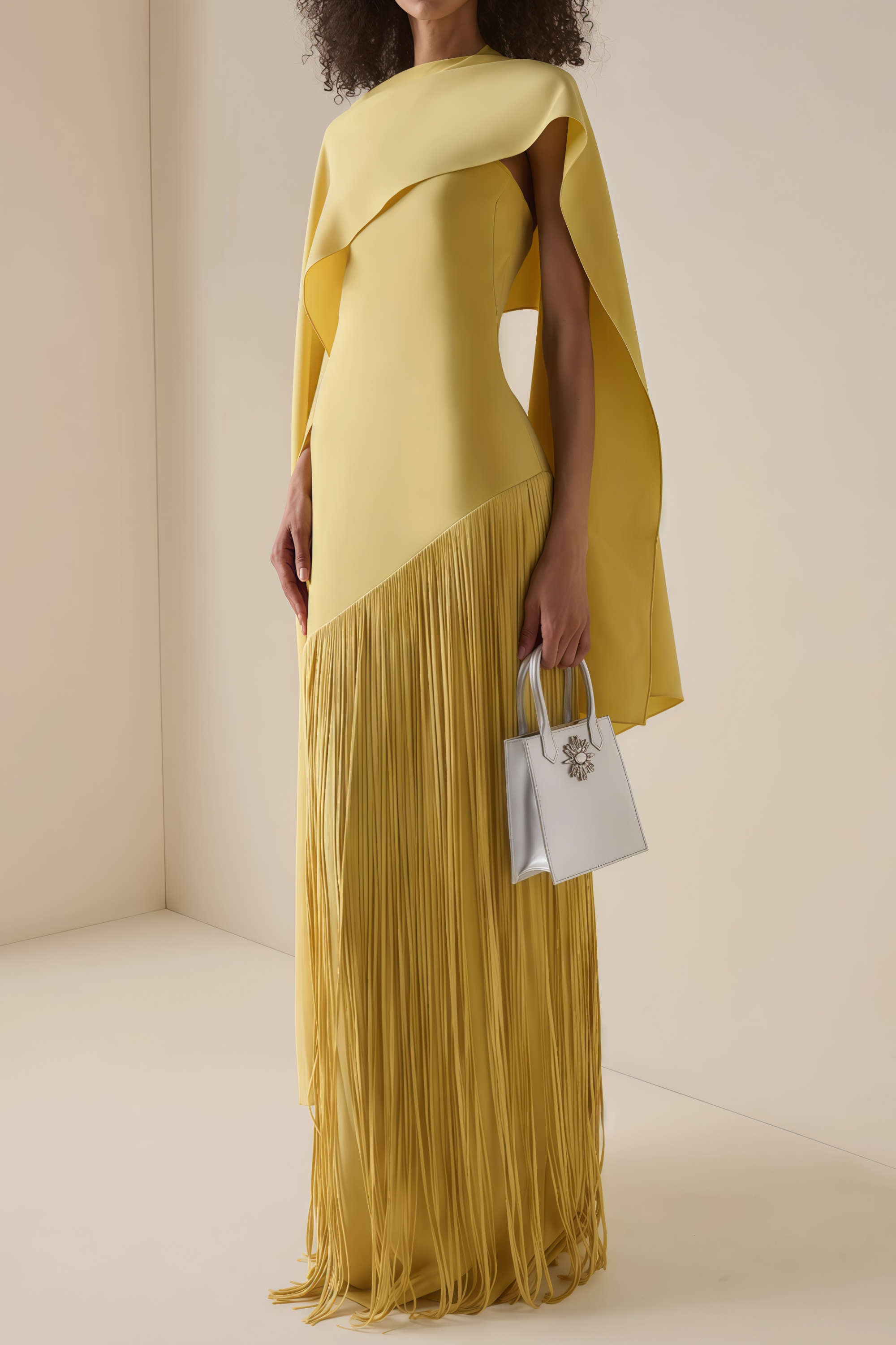 Yellow Caped Fringed Dress