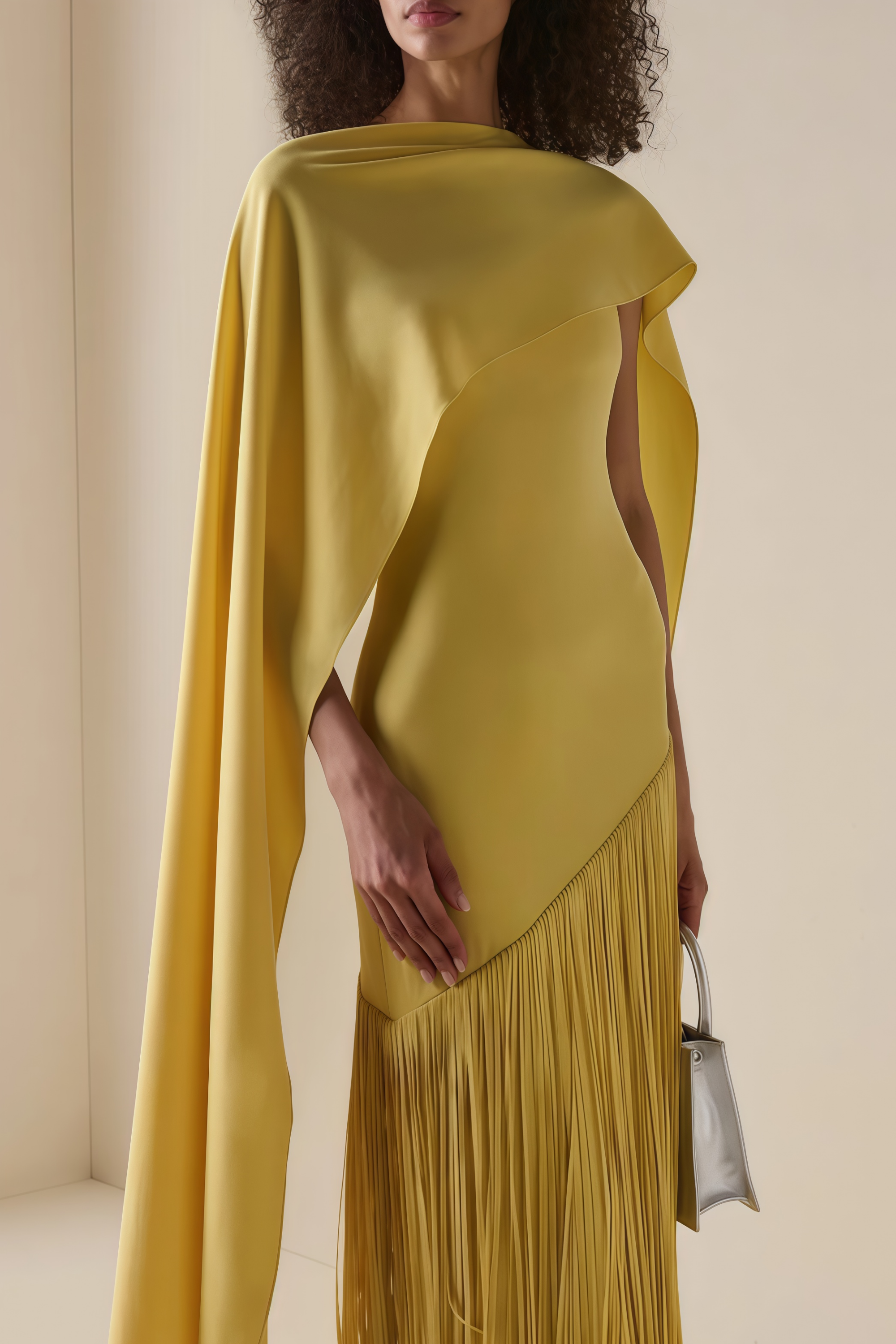 Yellow Caped Fringed Dress