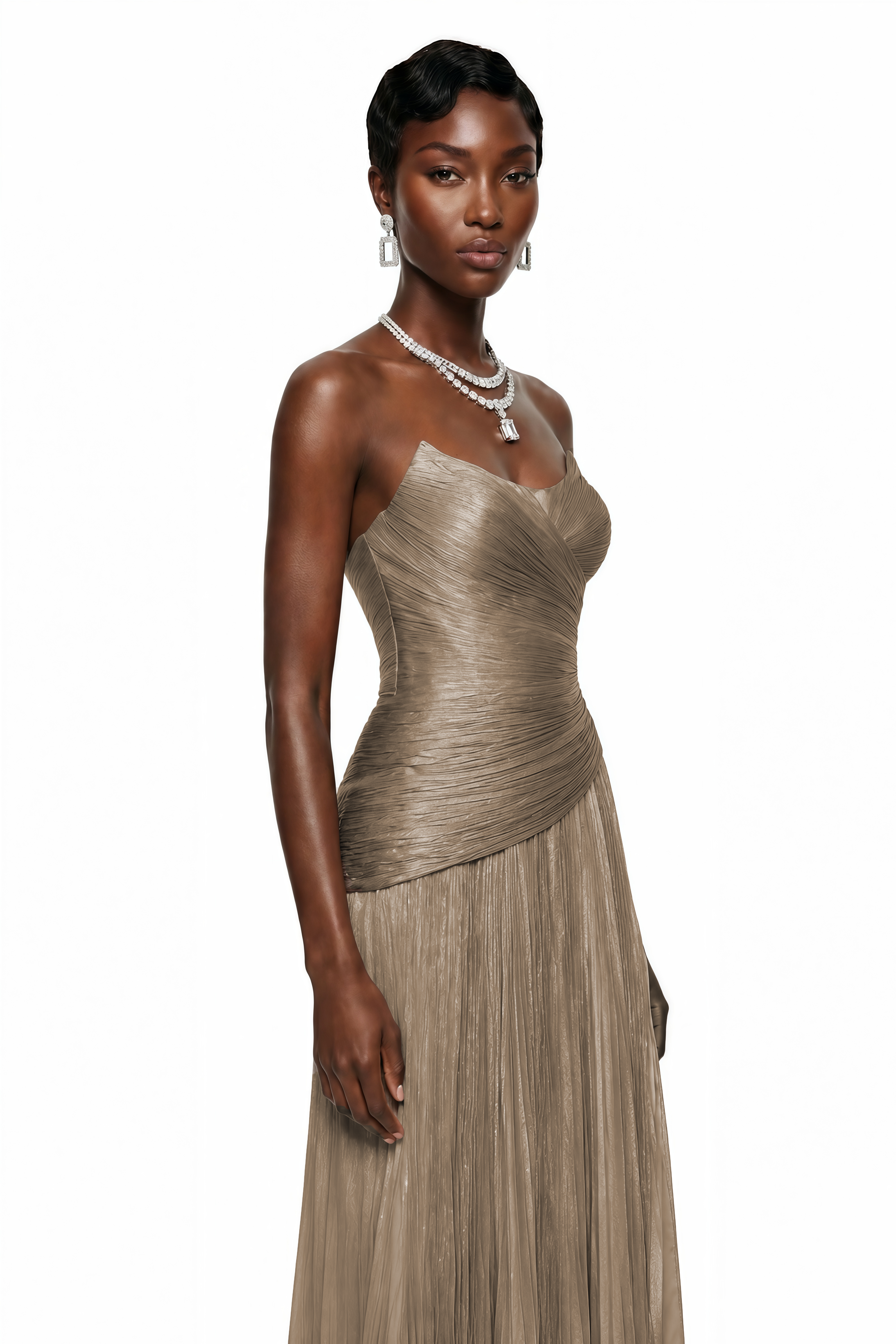 Jacinthe Beige Off Shoulder Satin Maxi Dress