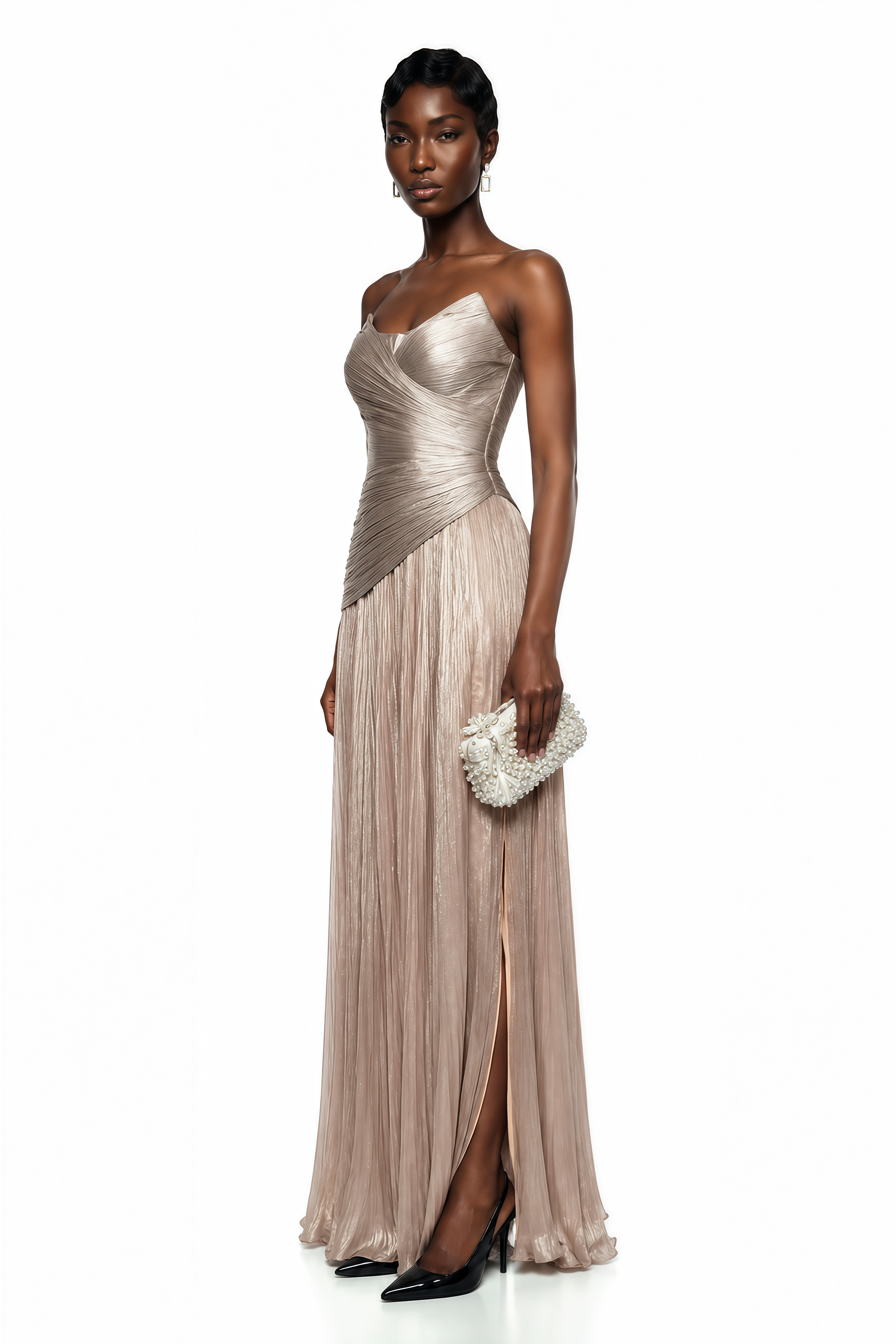 Jacinthe Beige Off Shoulder Satin Maxi Dress