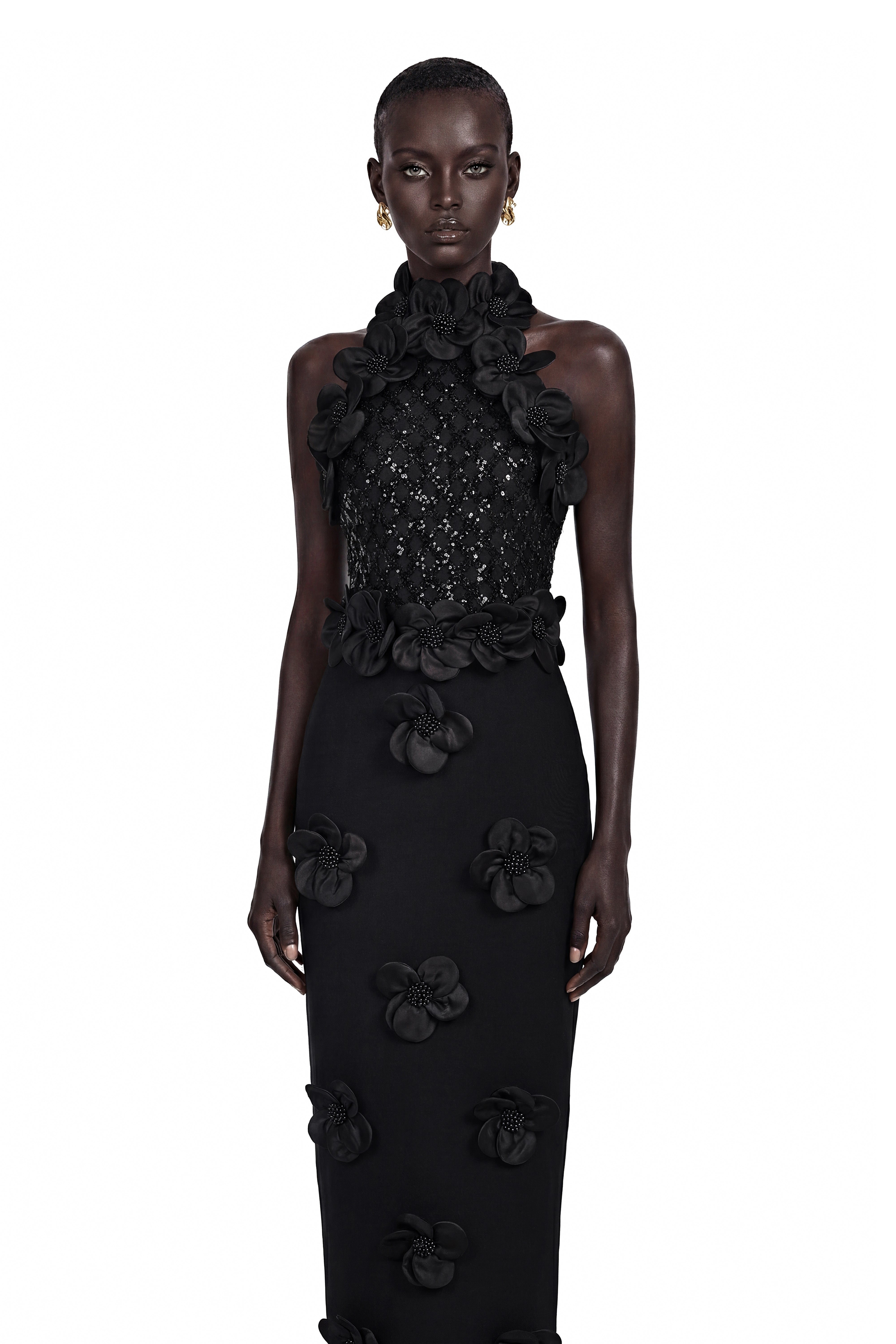 Jacqueline Black Sleeveless Maxi Dress with 3D Petals