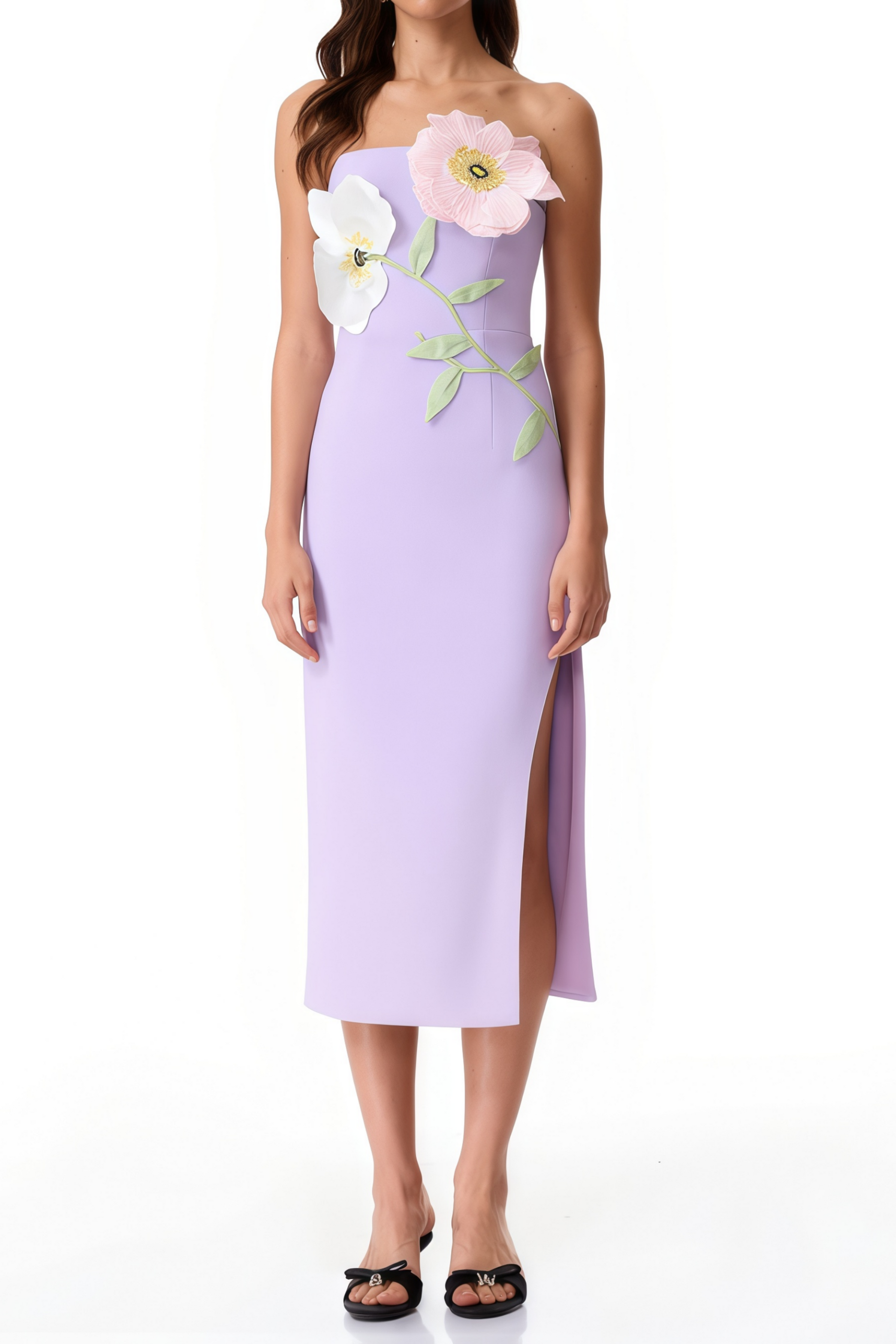 Jacqueline Purple Floral Appliqué Midi Dress, L / Purple