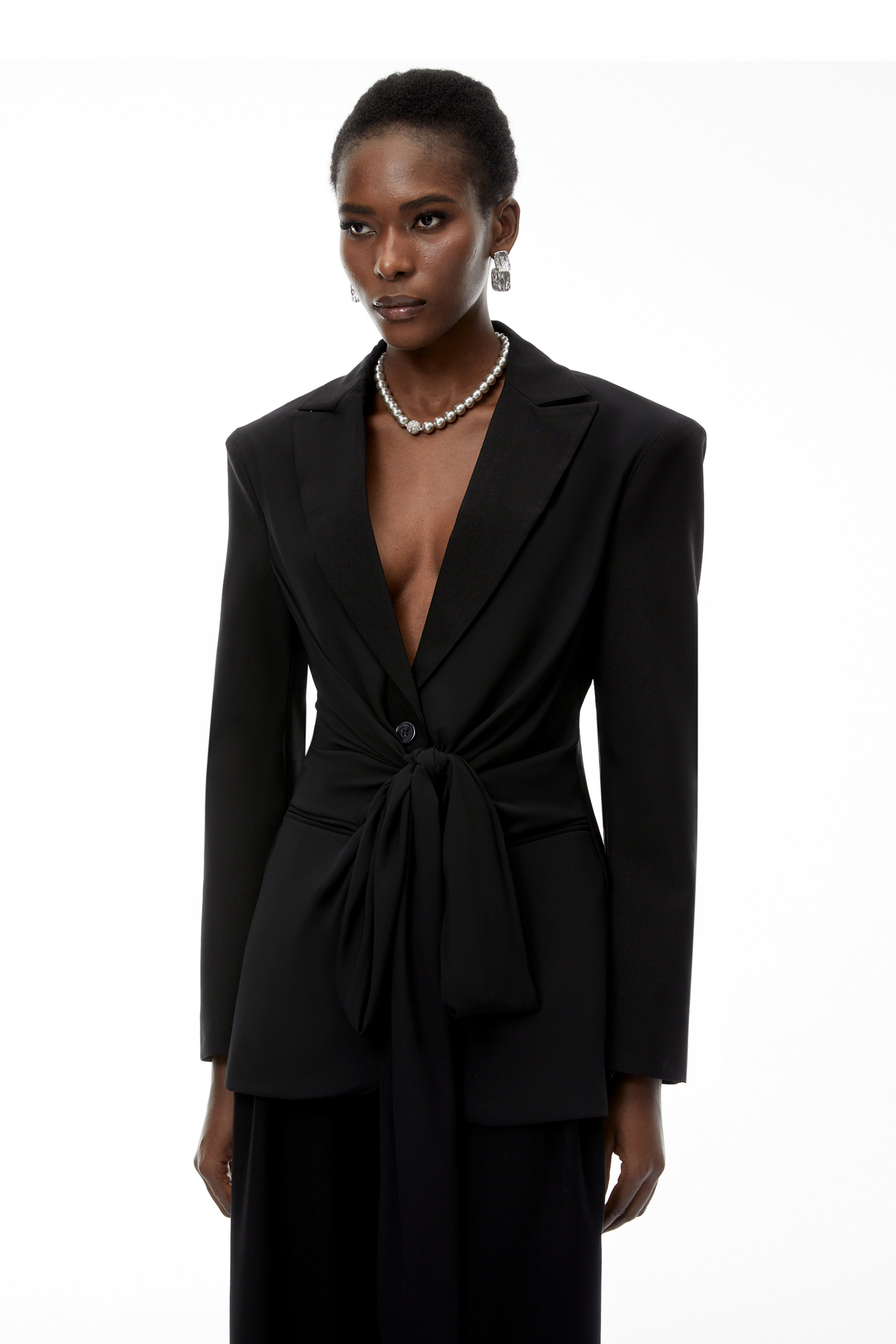 Jasmine Black Belted Wrap Blazer with Tie