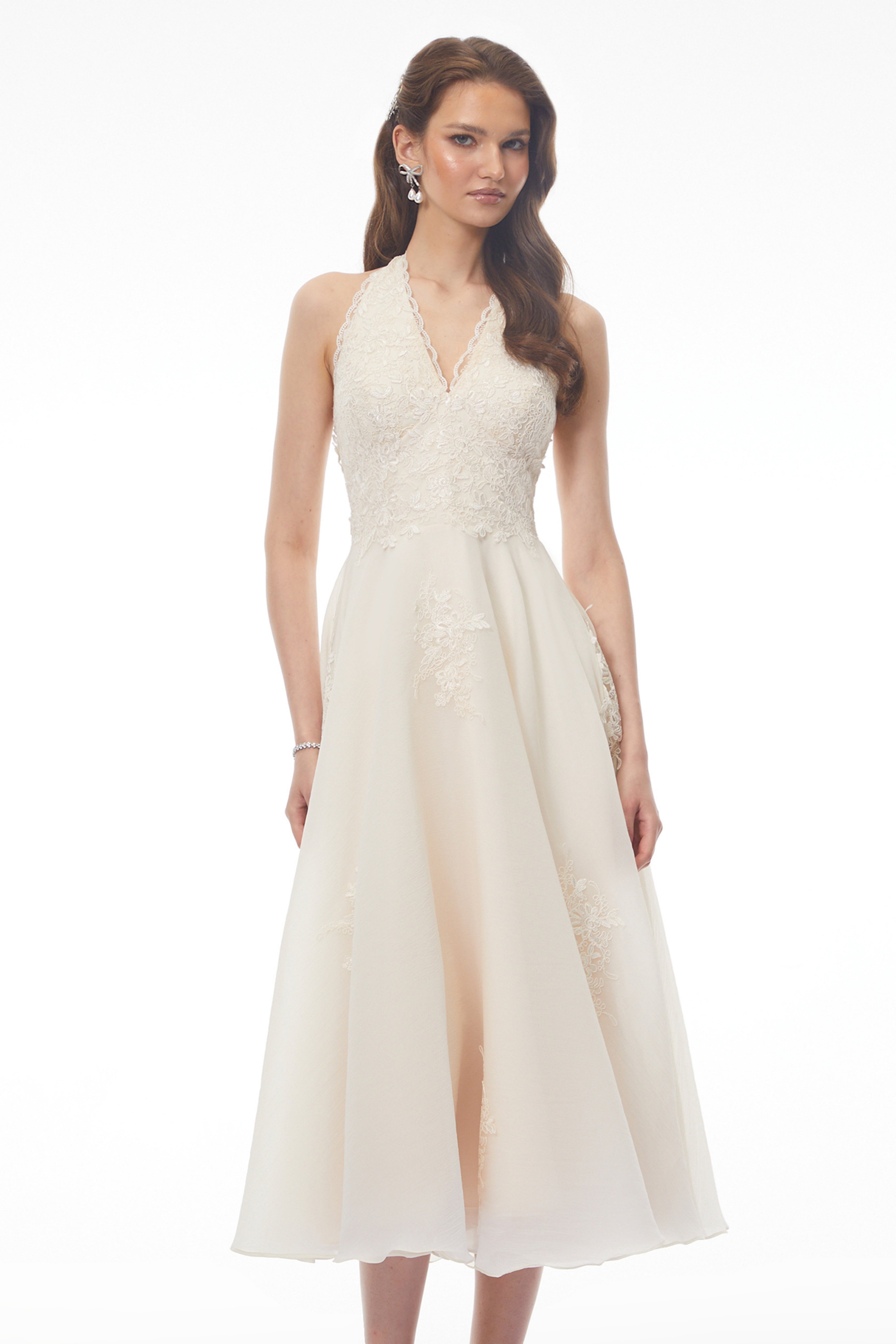Rショップ536Glossy ホワイトドレス S Jasmine White Lace Sweetheart Midi Dress