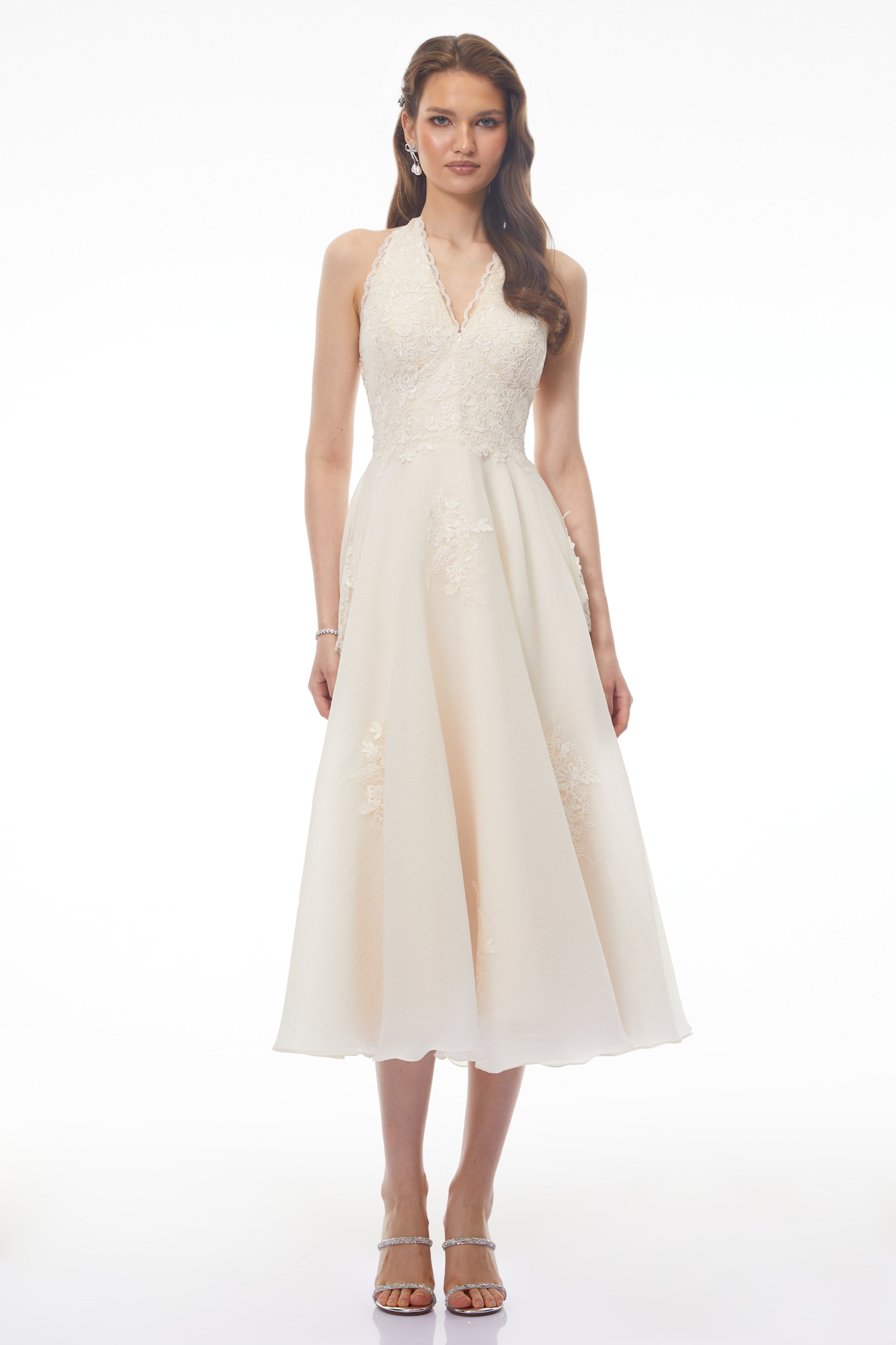 Rショップ536Glossy ホワイトドレス S Jasmine White Lace Sweetheart Midi Dress