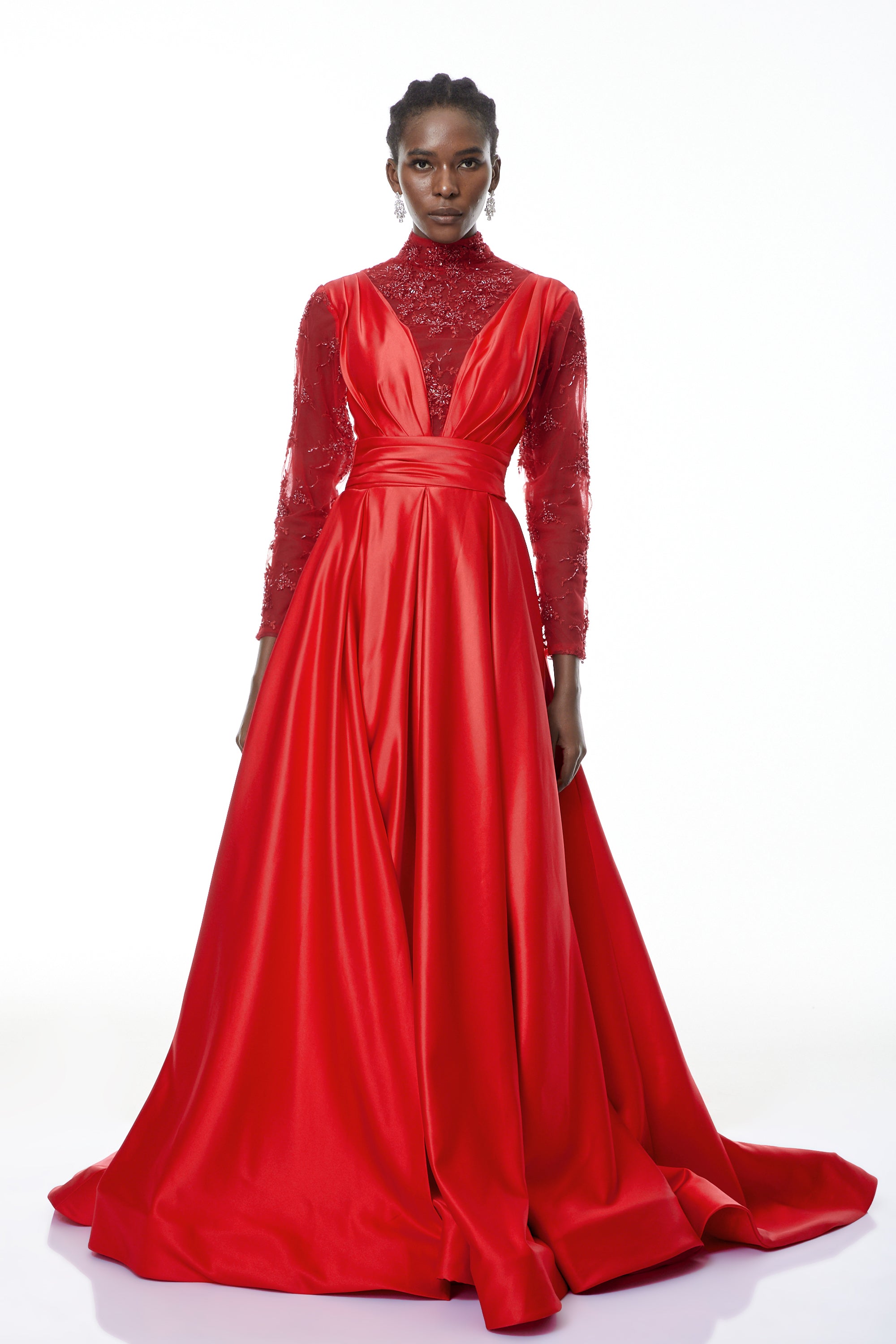 Jelena Red Embellished Satin Maxi Gown