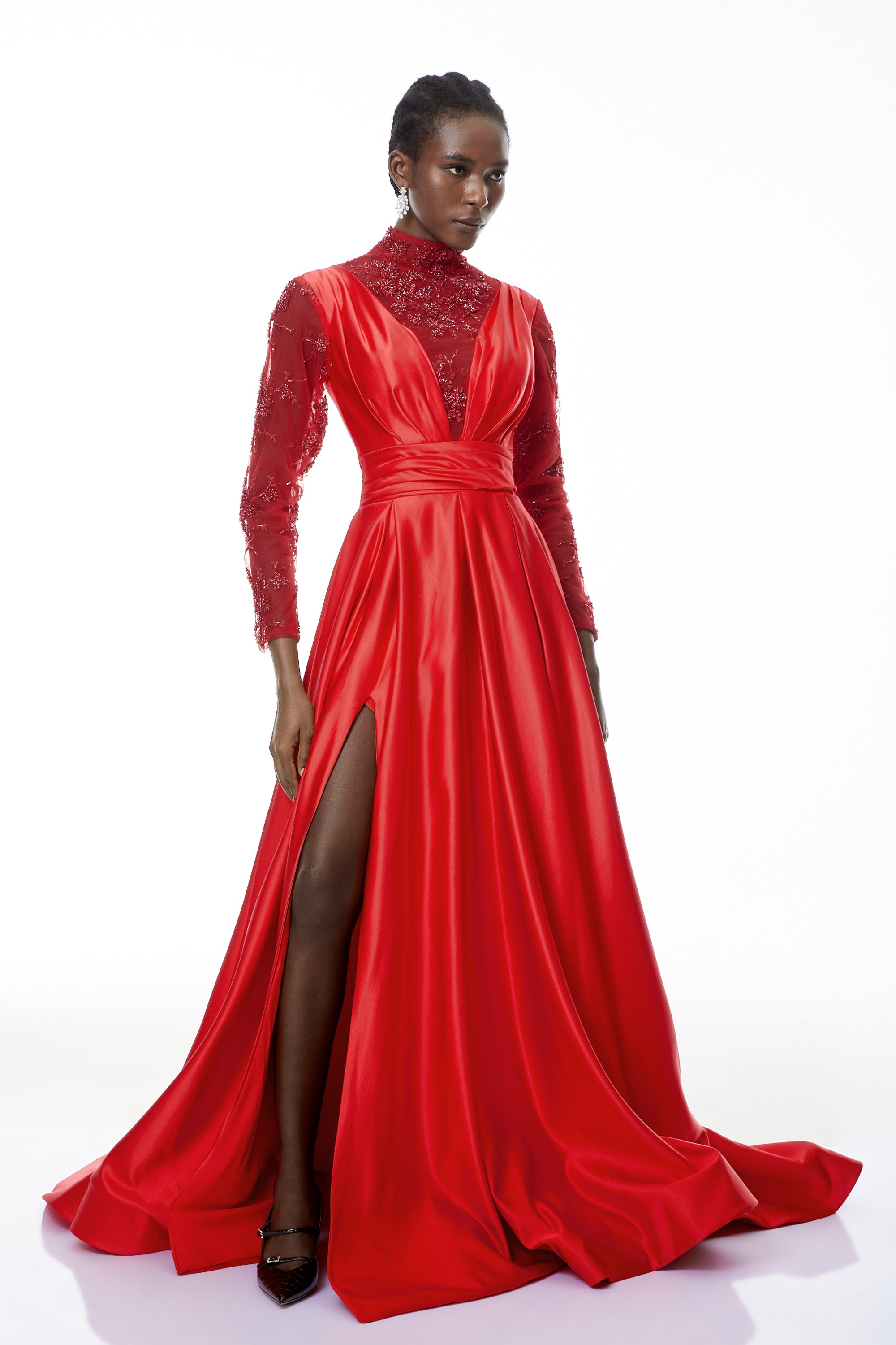 Jelena Red Embellished Satin Maxi Gown